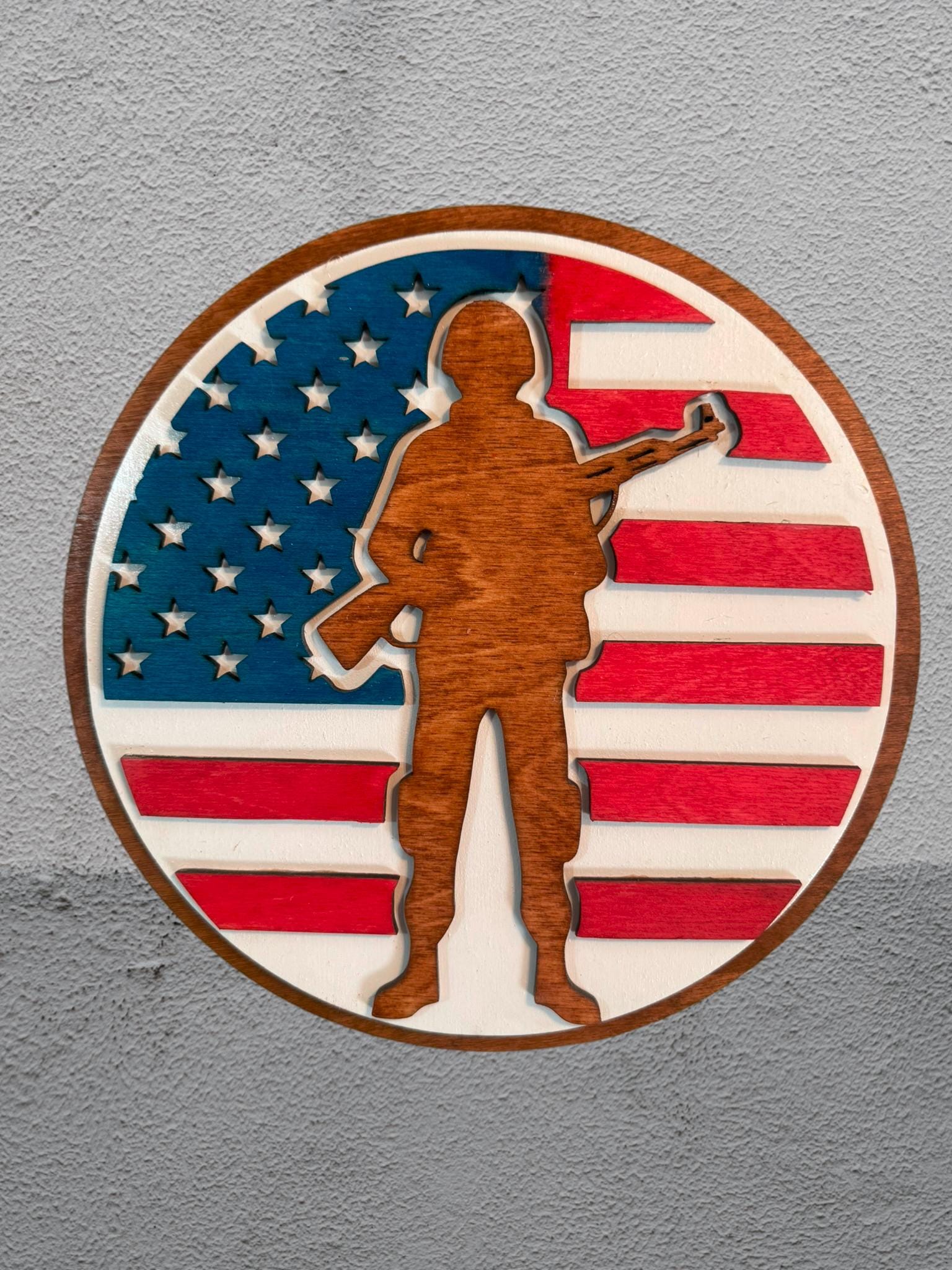 Patriotic Soldier Wooden Sign – 12" Round American Flag Wall Art – Handmade - Thumbnail 3