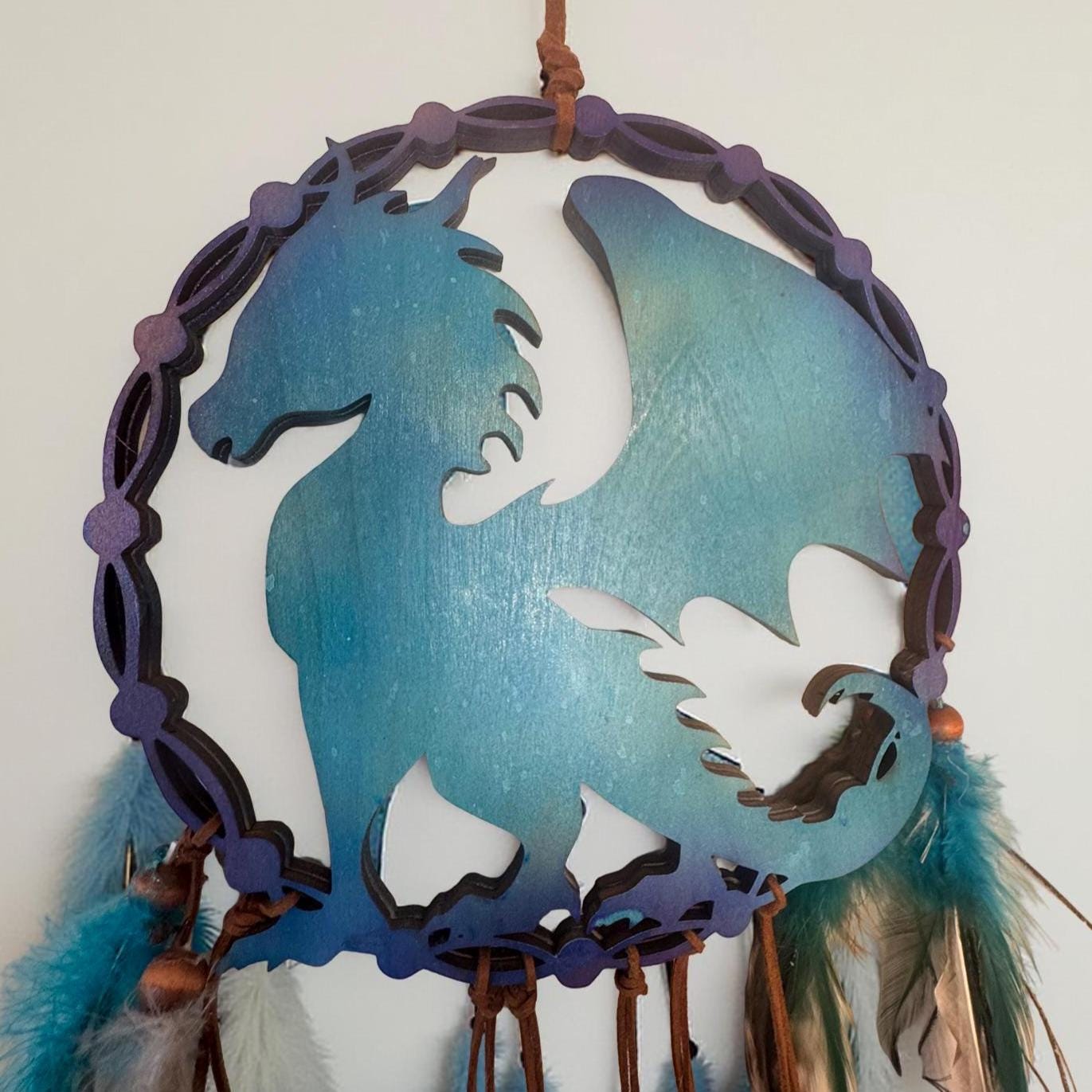 Dragon Dream Catcher – Teal & Purple Dream Catcher Hanging with Feathers – 20" Fantasy Decor – Handmade Dragon Gift for Bedroom or Wall - Thumbnail 5