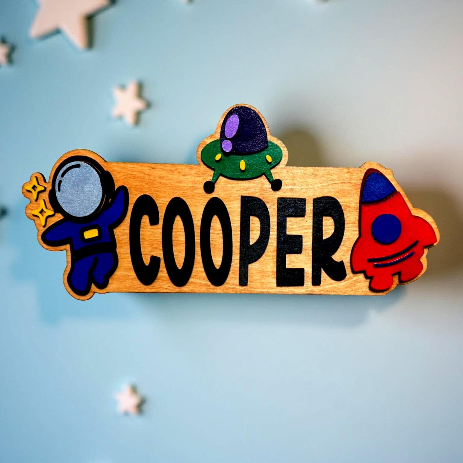 Space Themed Name Sign – Personalized Astronaut & Rocket Wall Decor – Custom Kid - Thumbnail 3