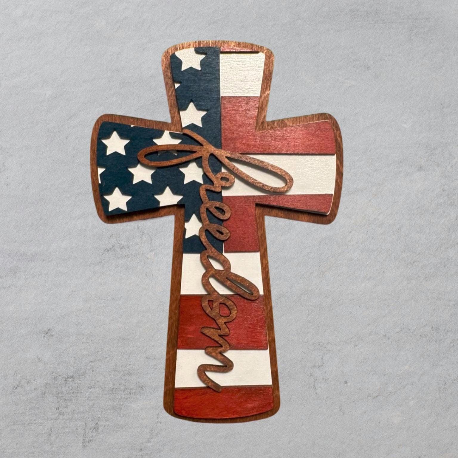 Patriotic Wooden Cross Sign: American Flag, Freedom Wall Decor - Thumbnail 2
