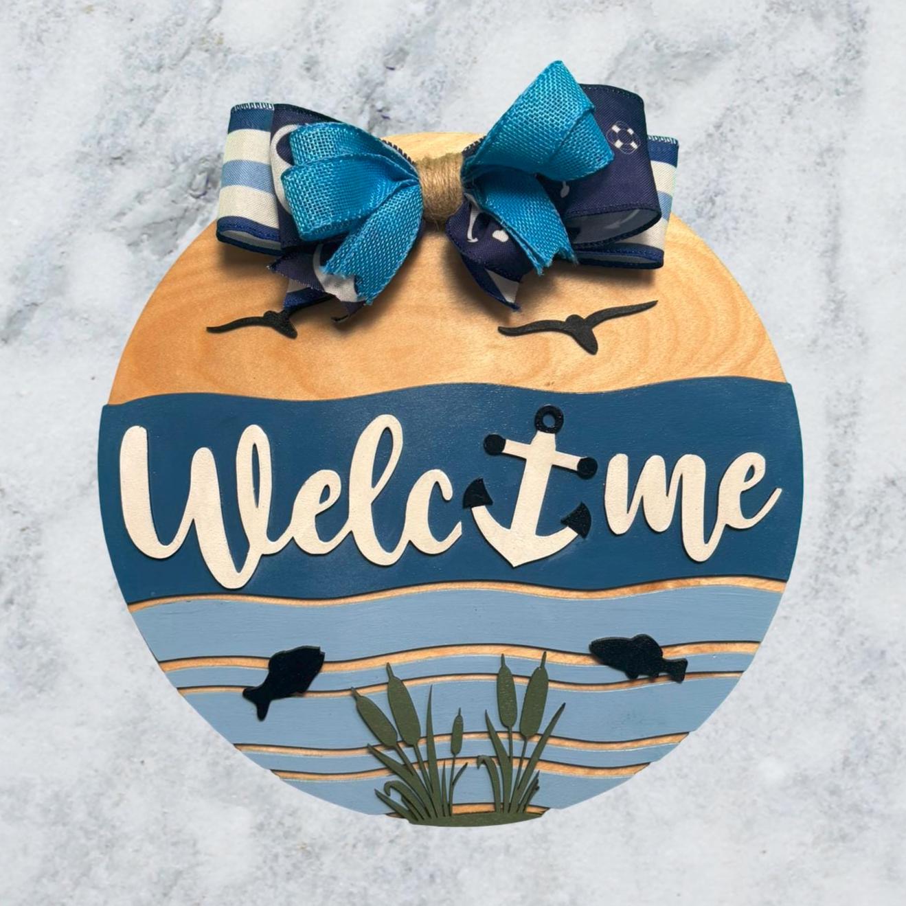Lake House Welcome Sign – 14" Round Nautical Anchor Door Hanger – Coastal Cabin Porch Decor – Wooden Dock or Beach House Sign with Bow - Thumbnail 4