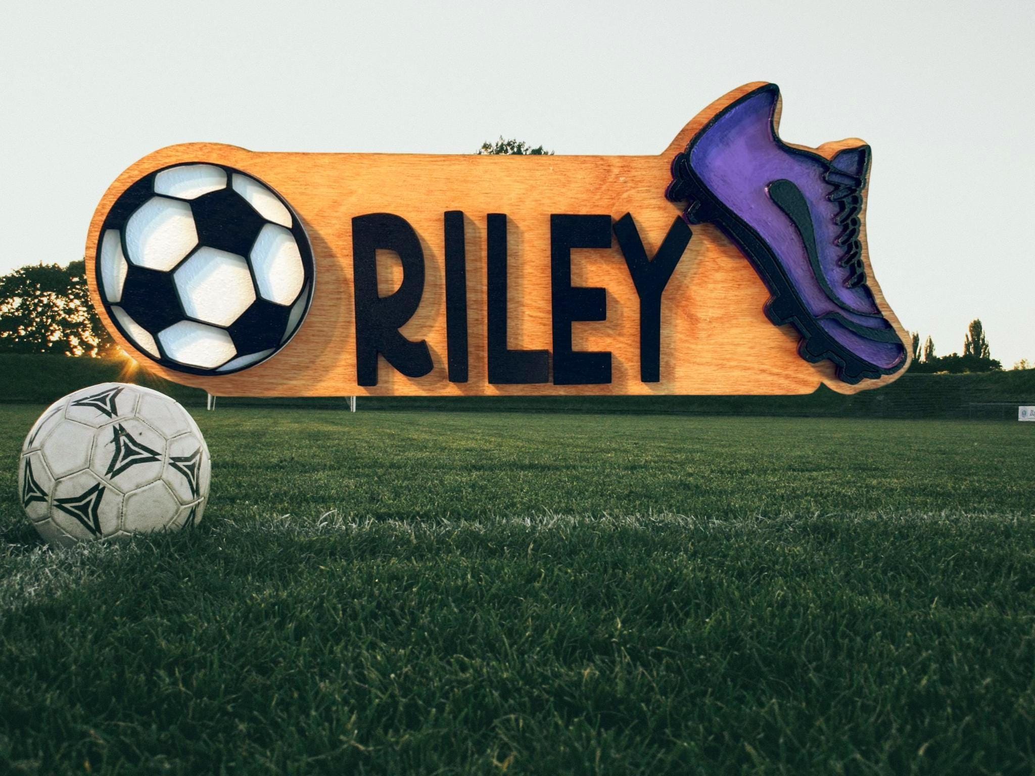 Personalized Soccer Name Sign – Custom Cleat & Ball Cutouts – Layered Wood Sport - Thumbnail 4