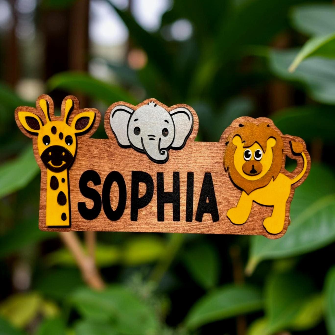 Safari Jungle Animal Name Sign – Personalized Kids Wall Decor – Giraffe, Elephan - Thumbnail 5