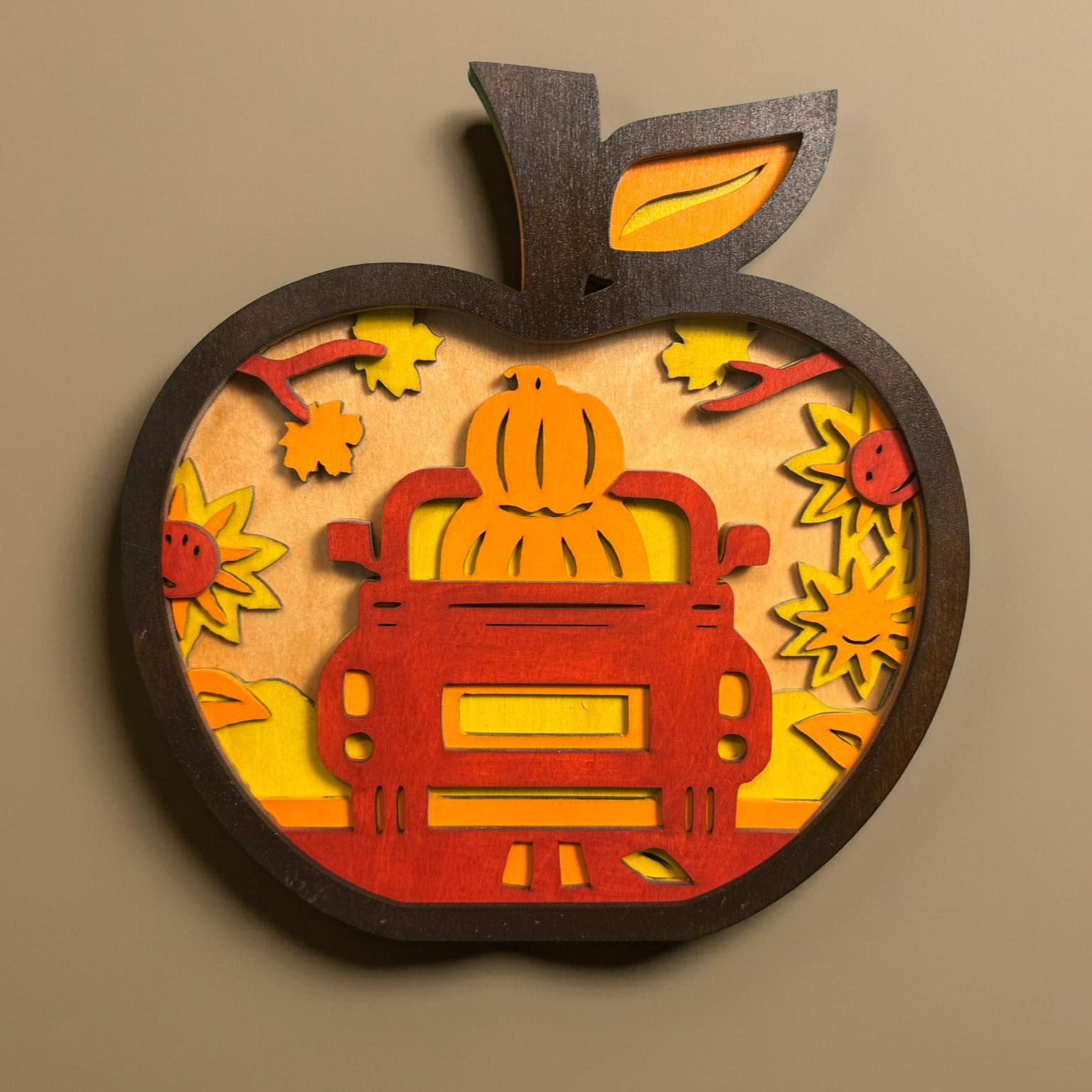 Layered Fall Apple Truck Sign – 12" Rustic Wooden Apple Wall Art – 5-Layer Pumpkin Truck Autumn Decor – Farmhouse Handmade Fall Gift - Thumbnail 5
