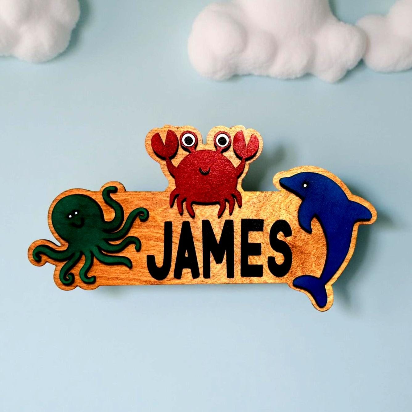 Ocean Animal Name Sign – Personalized Kids Wall Decor – Octopus, Crab & Dolphin  - Thumbnail 2