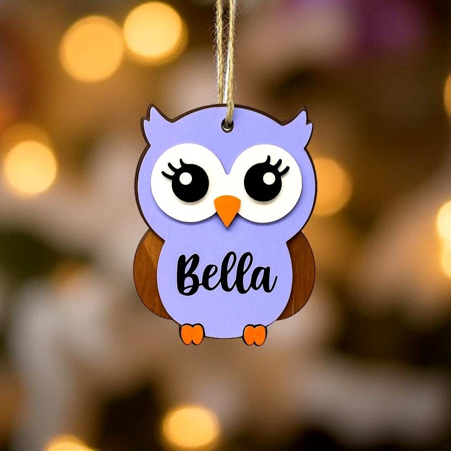 Personalized Owl Ornament – Custom Name Christmas Ornament – 4” Layered Wood Design – Pink, Blue, or Purple Owl Gift for Kids - Thumbnail 4
