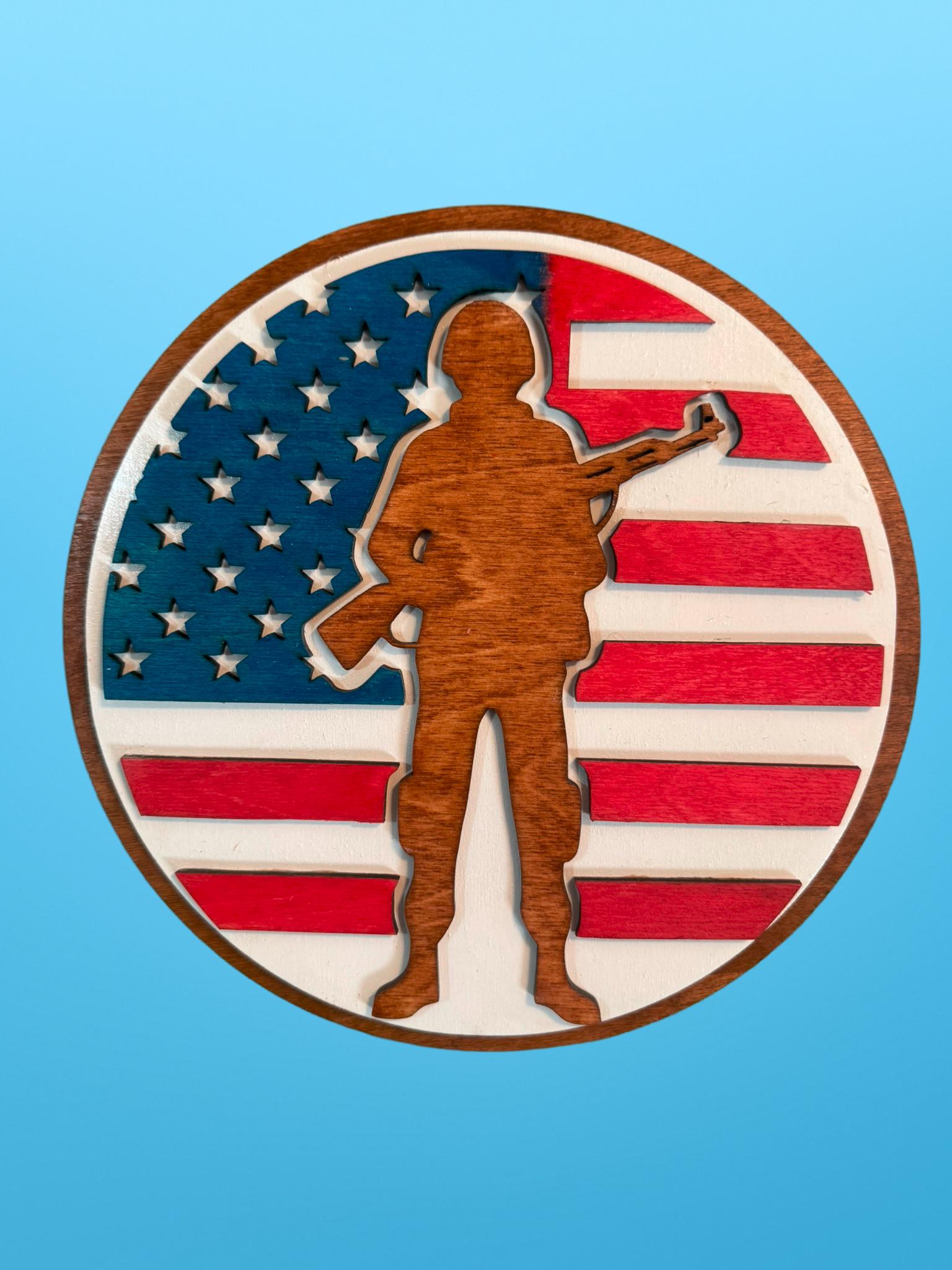 Patriotic Soldier Wooden Sign – 12" Round American Flag Wall Art – Handmade - Thumbnail 4