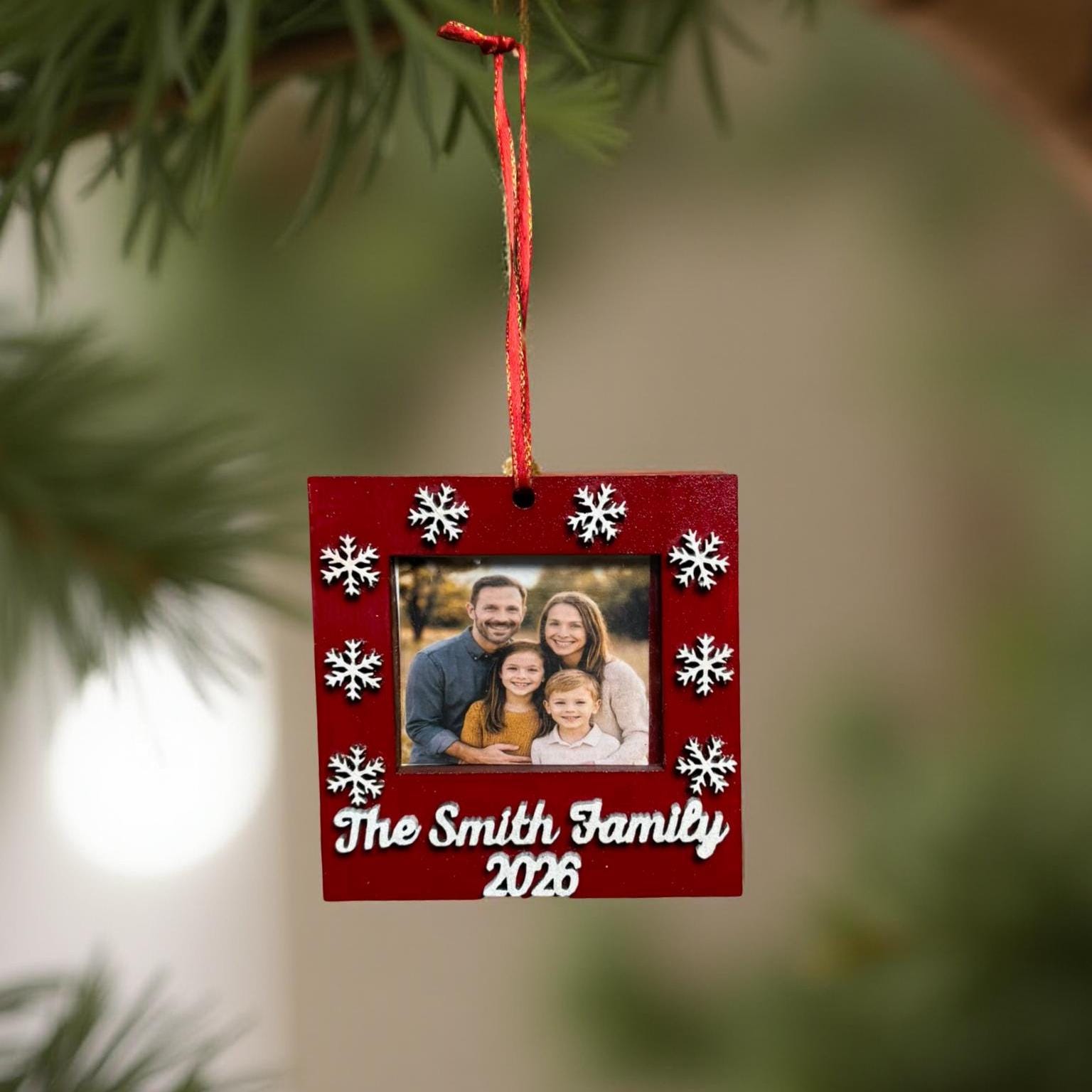 Personalized Family Photo Ornament – 4” Square Christmas Frame with Snowflake Cutouts – Custom Name & Year Keepsake - Thumbnail 3