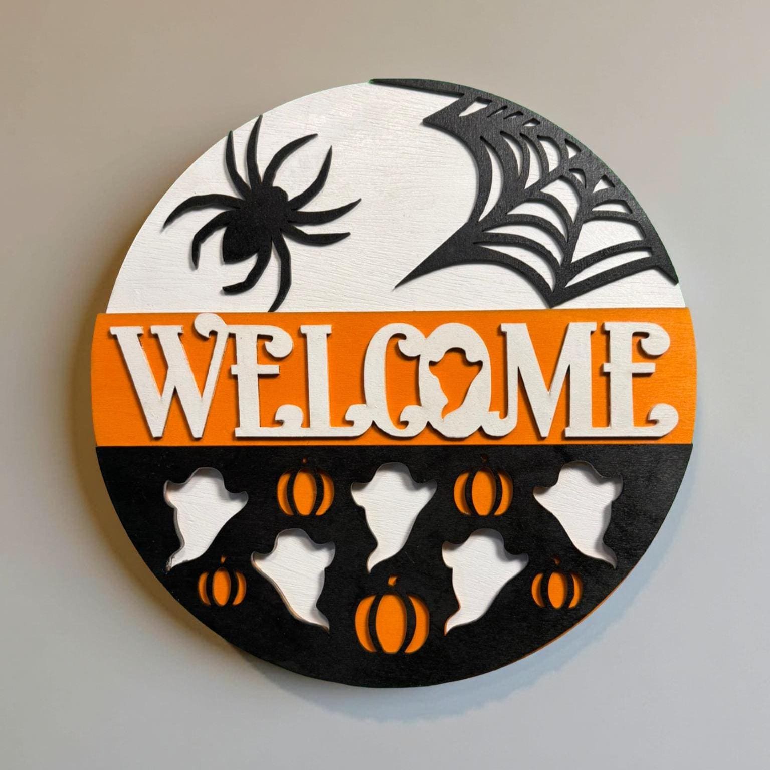 Halloween Welcome Sign: Layered Wood Ghost & Spider Door Hanger - Thumbnail 3
