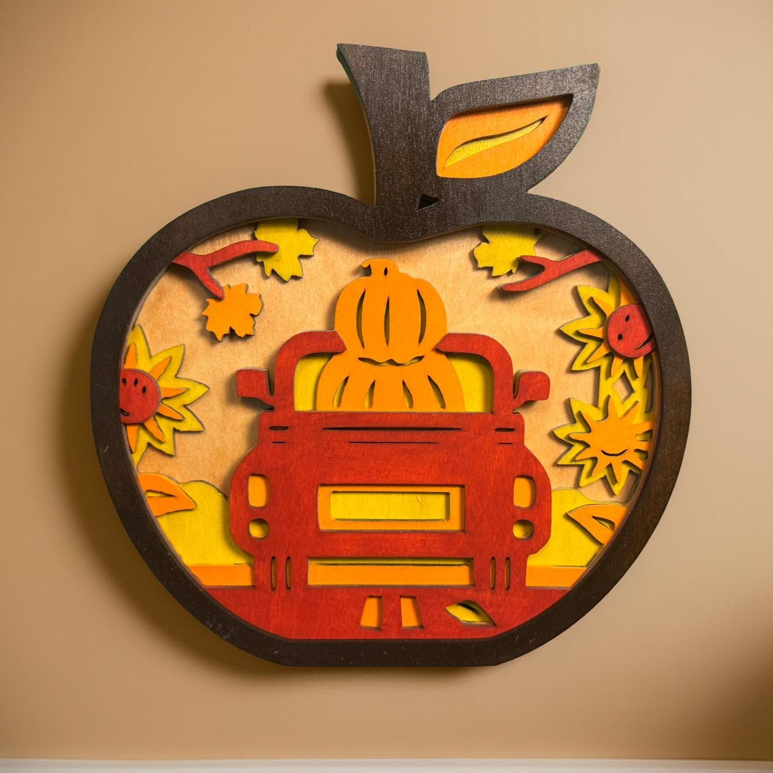 Layered Fall Apple Truck Sign – 12" Rustic Wooden Apple Wall Art – 5-Layer Pumpkin Truck Autumn Decor – Farmhouse Handmade Fall Gift - Image 1