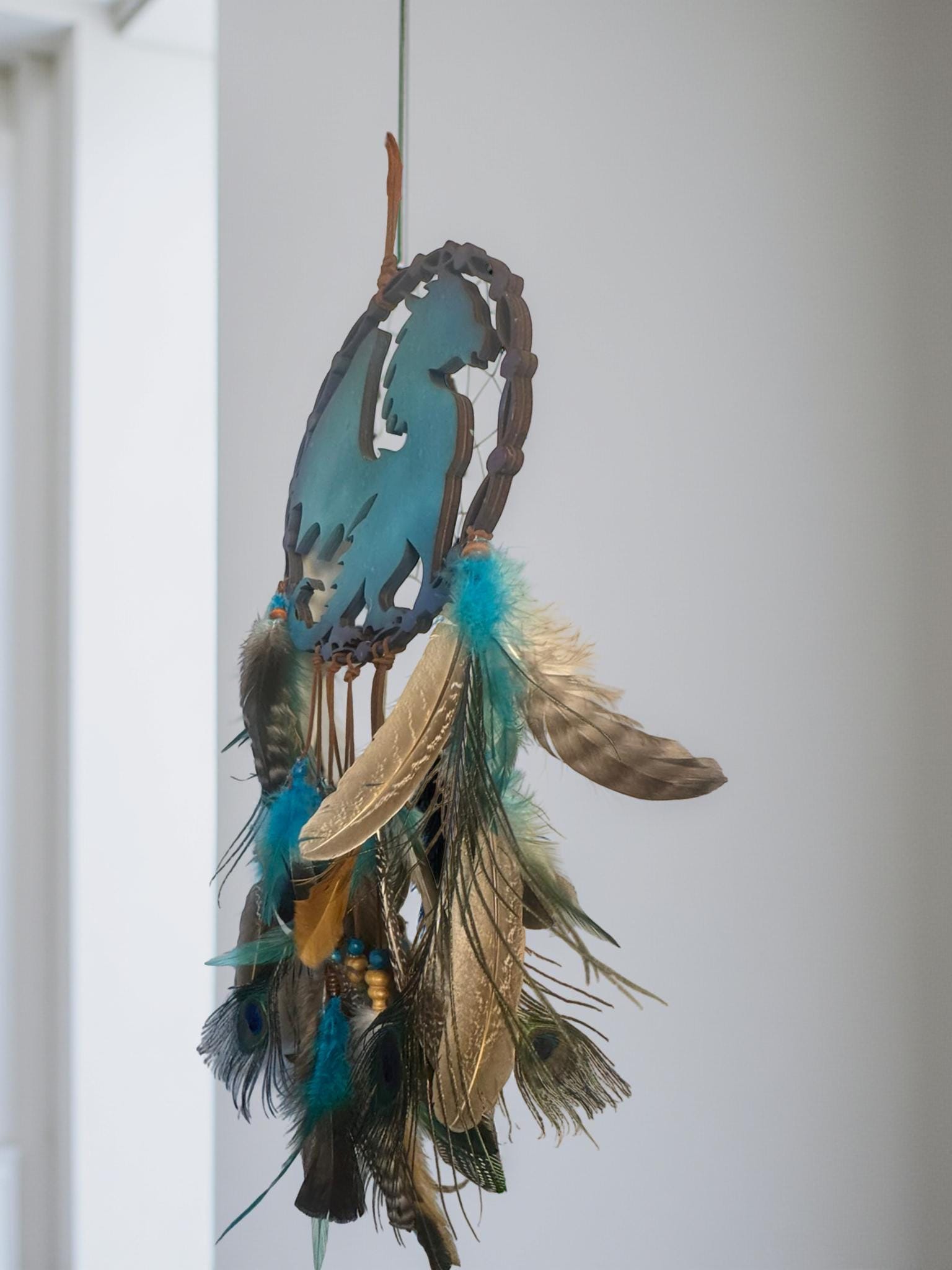 Dragon Dream Catcher – Teal & Purple Dream Catcher Hanging with Feathers – 20" Fantasy Decor – Handmade Dragon Gift for Bedroom or Wall - Thumbnail 4