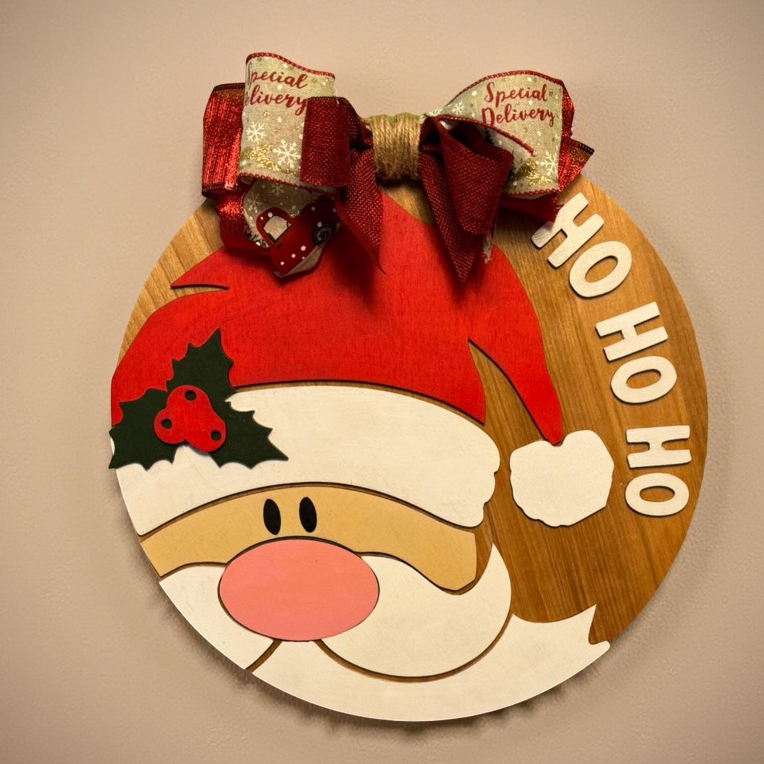 Layered Wooden Santa Sign: 14" Christmas Door Hanger, Optional Bow - Thumbnail 3