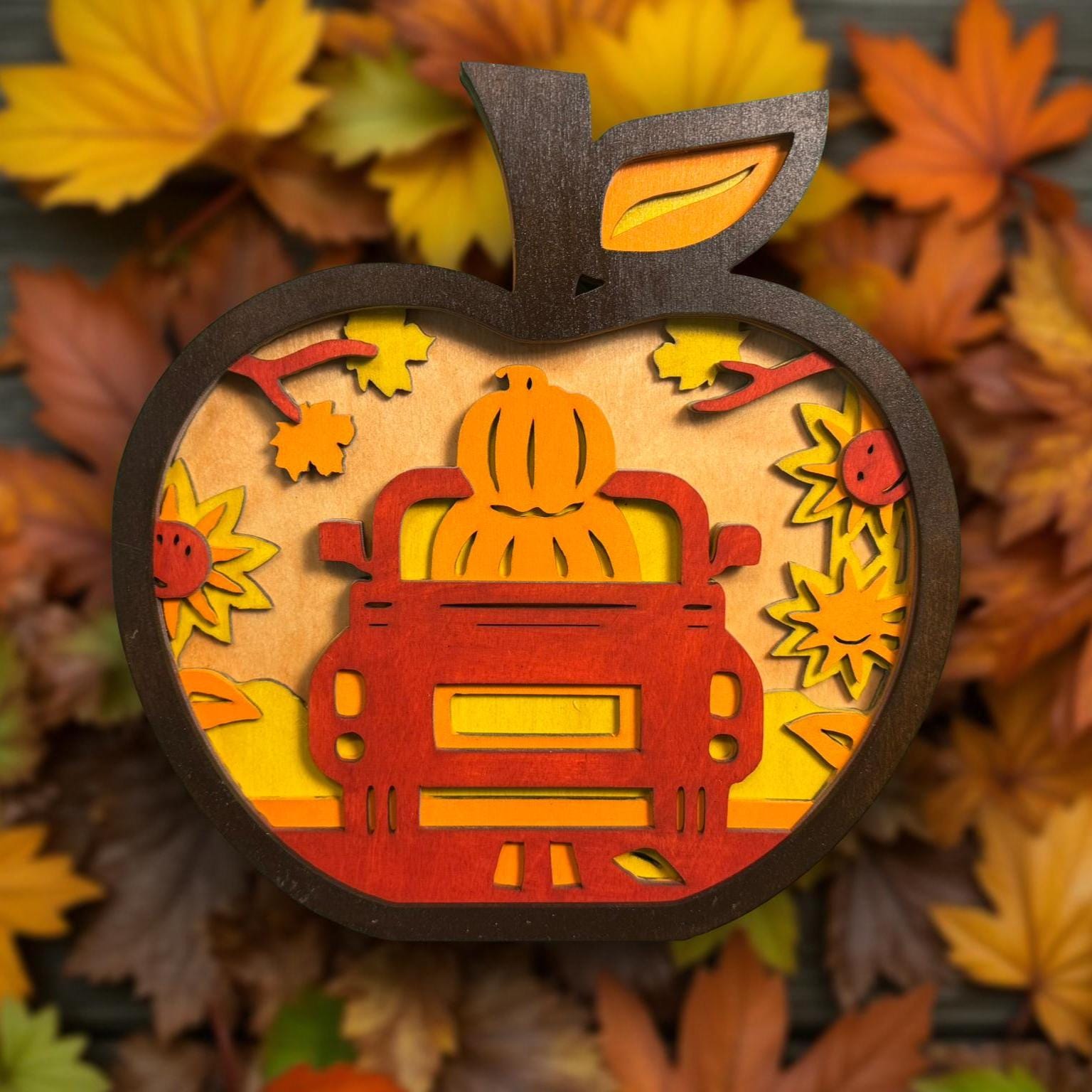 Layered Fall Apple Truck Sign – 12" Rustic Wooden Apple Wall Art – 5-Layer Pumpkin Truck Autumn Decor – Farmhouse Handmade Fall Gift - Thumbnail 3