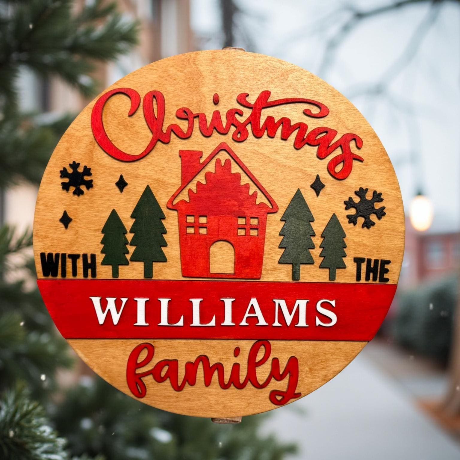 Personalized Christmas Family Sign – 14" Round Layered Wood Wall Decor – Custom Holiday Door Hanger – Rustic Christmas Name Sign - Thumbnail 2