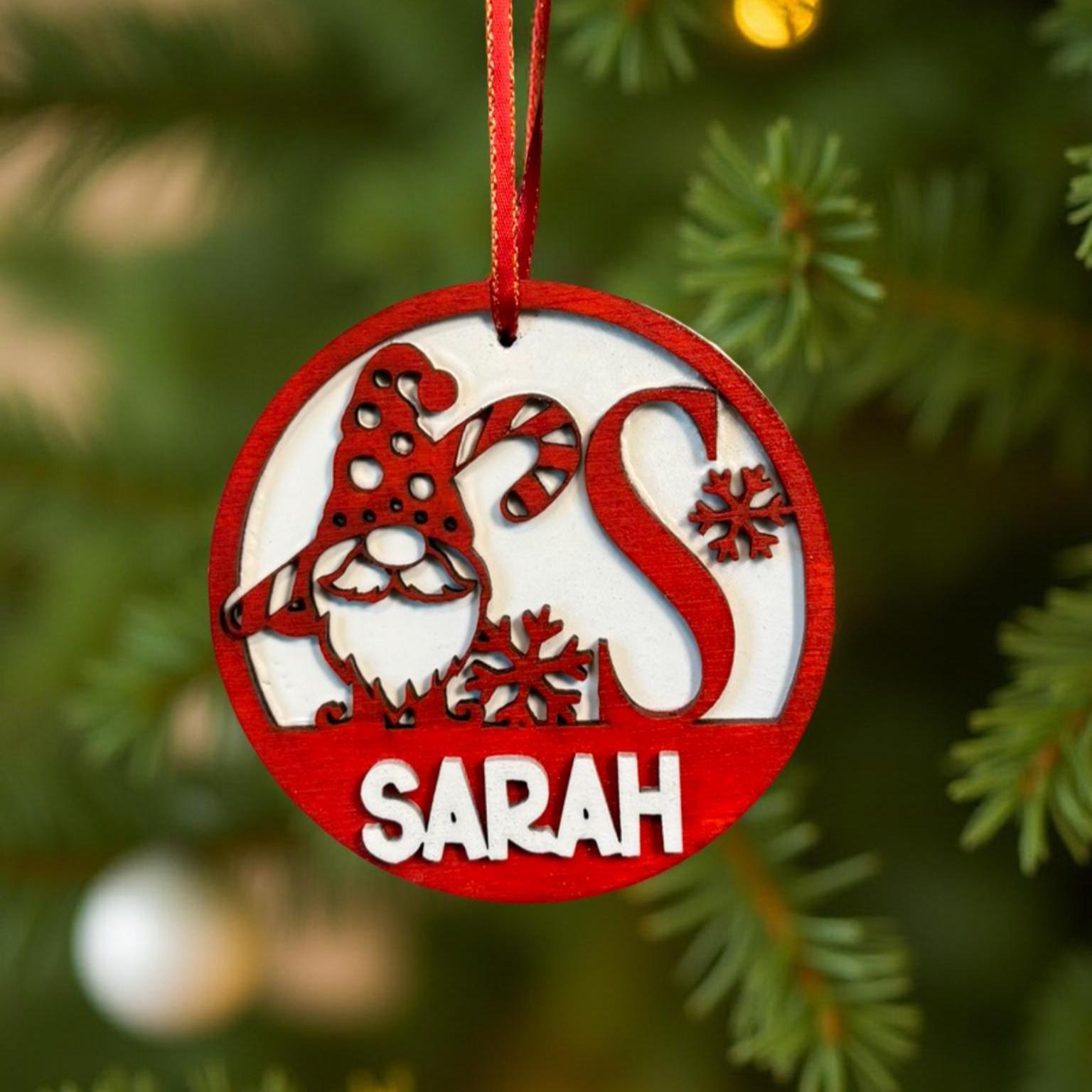 Personalized Christmas Gnome Ornament: Custom Letter, Name, Year, Layered Wood - Thumbnail 2