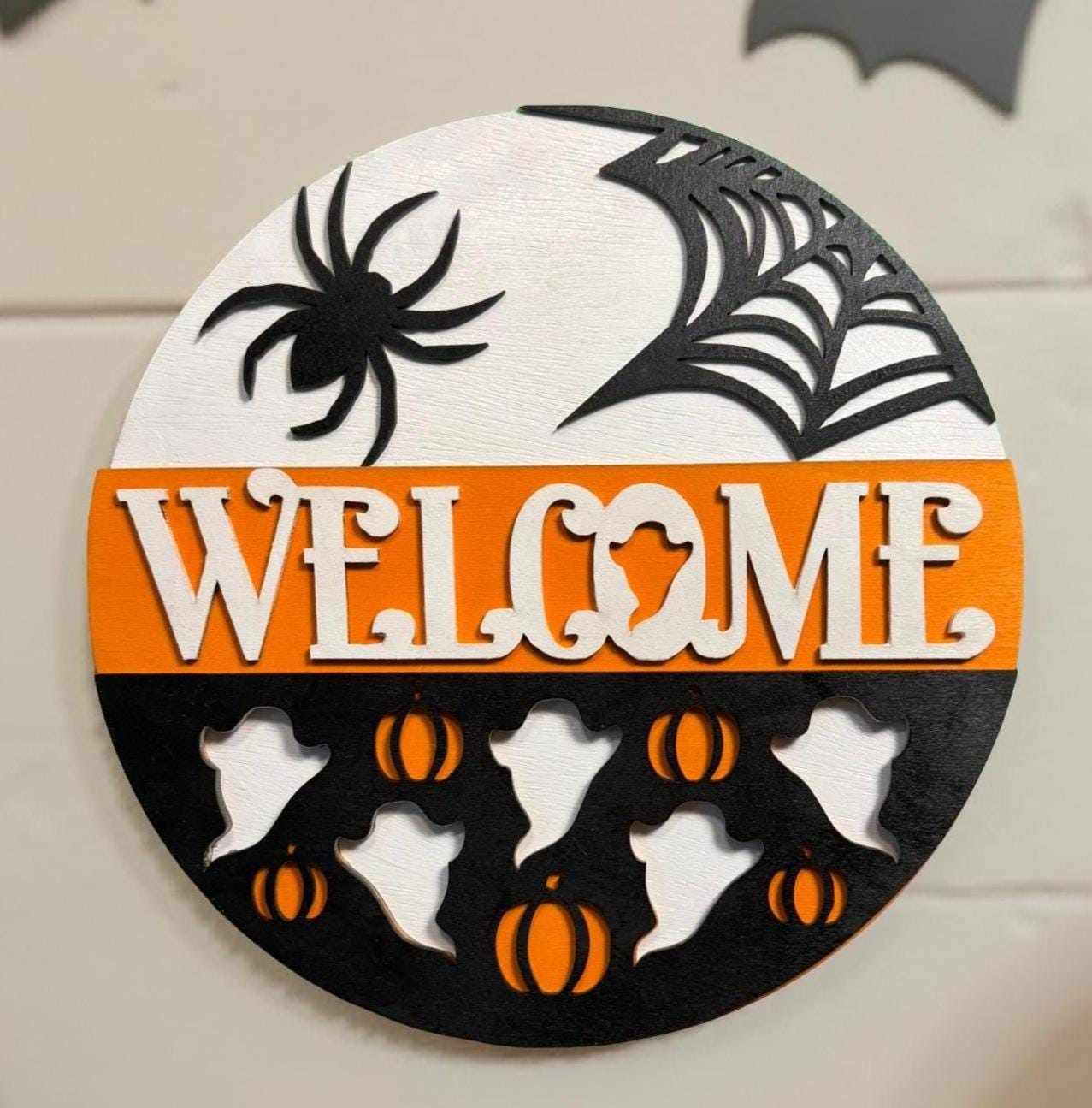 Halloween Welcome Sign: Layered Wood Ghost & Spider Door Hanger - Thumbnail 2
