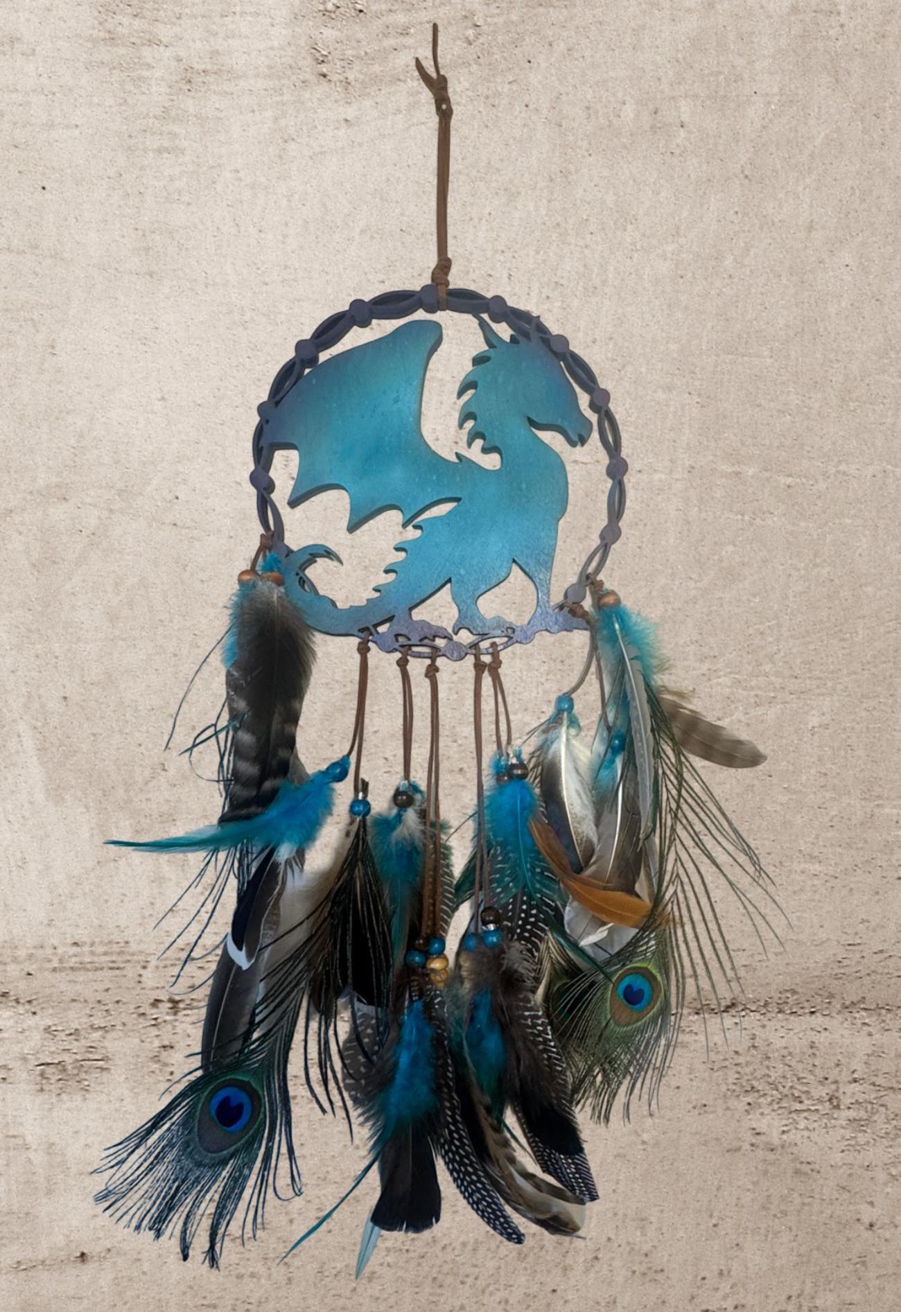 Dragon Dream Catcher – Teal & Purple Dream Catcher Hanging with Feathers – 20" Fantasy Decor – Handmade Dragon Gift for Bedroom or Wall - Thumbnail 2