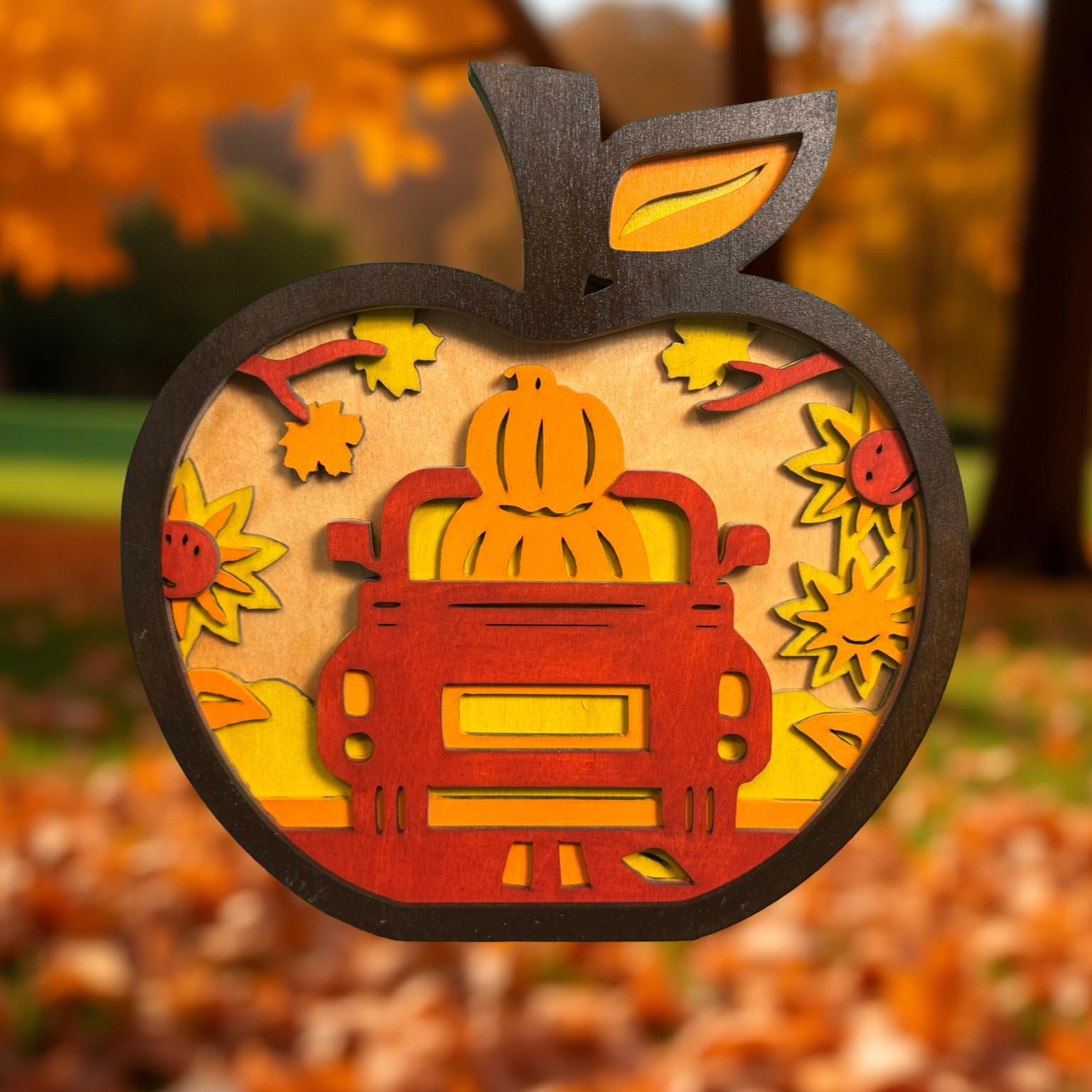 Layered Fall Apple Truck Sign – 12" Rustic Wooden Apple Wall Art – 5-Layer Pumpkin Truck Autumn Decor – Farmhouse Handmade Fall Gift - Thumbnail 2