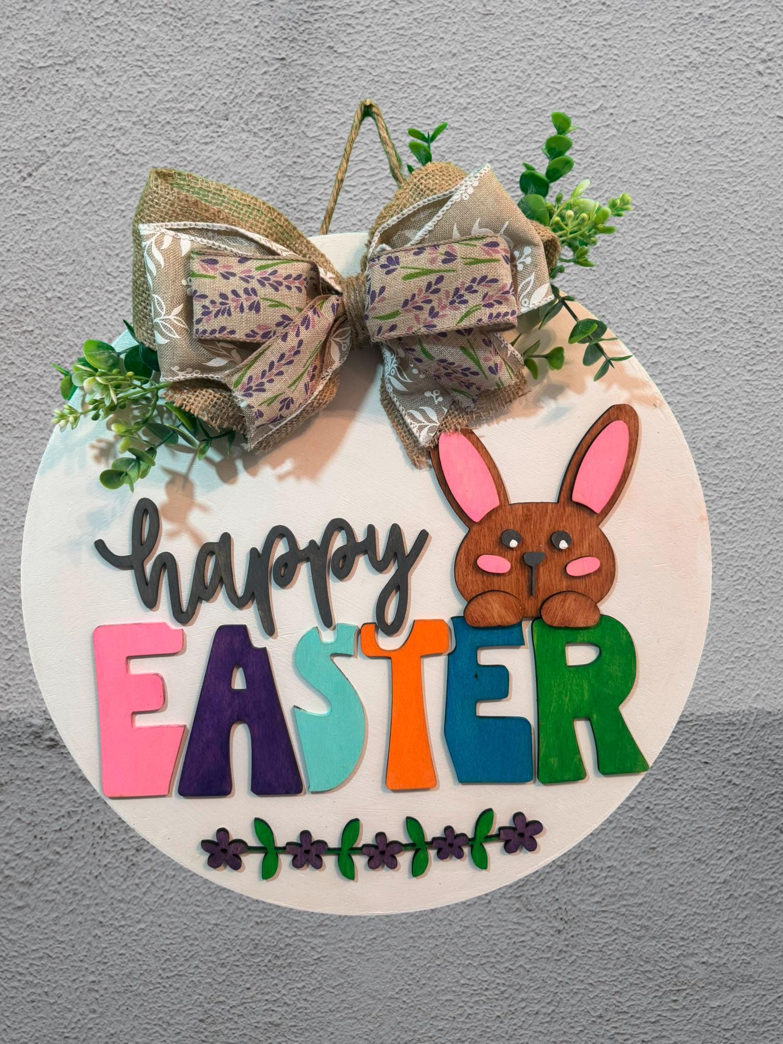 Handmade Easter Bunny Door Hanger: 14in Layered Wooden Farmhouse Sign - Thumbnail 2