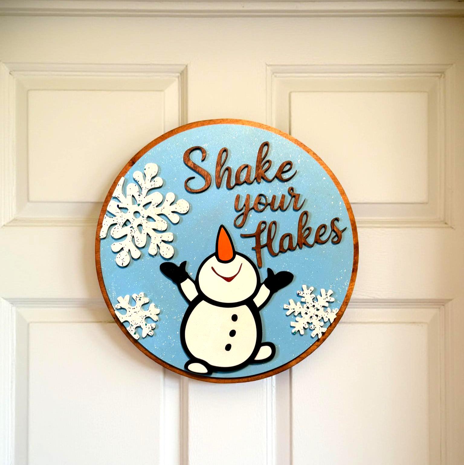 Shake Your Flakes Winter Sign – 14” Round Wooden Snowman Decor – Layered Snowflake Cutouts – Funny Holiday Door Hanger or Gift - Thumbnail 5