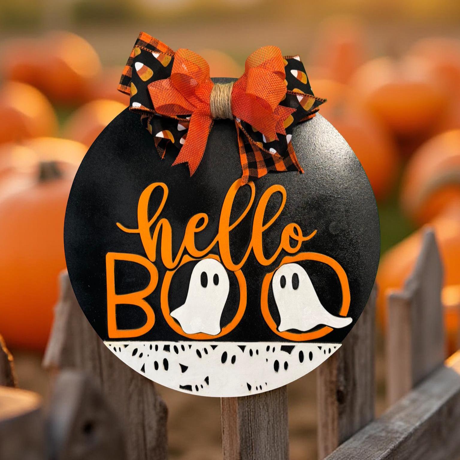 Ghost Halloween Sign: Layered Wood Door Hanger with Bow - Thumbnail 2