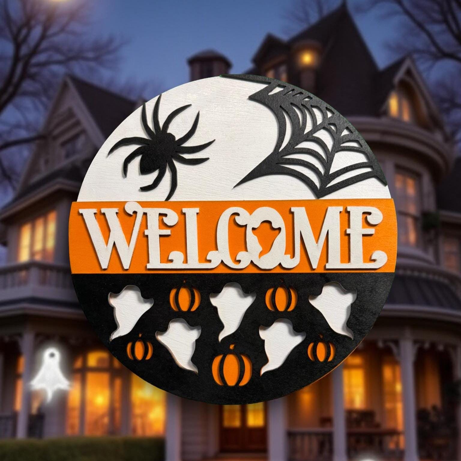 Halloween Welcome Sign: Layered Wood Ghost & Spider Door Hanger - Thumbnail 5