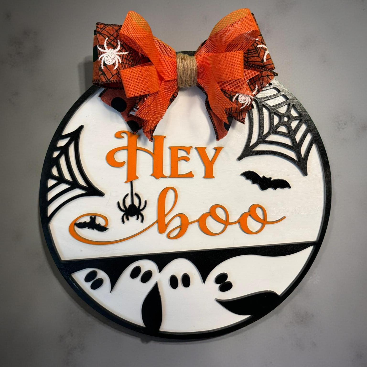 Hey Boo Halloween Door Sign: Layered Ghost & Spider Web Decor