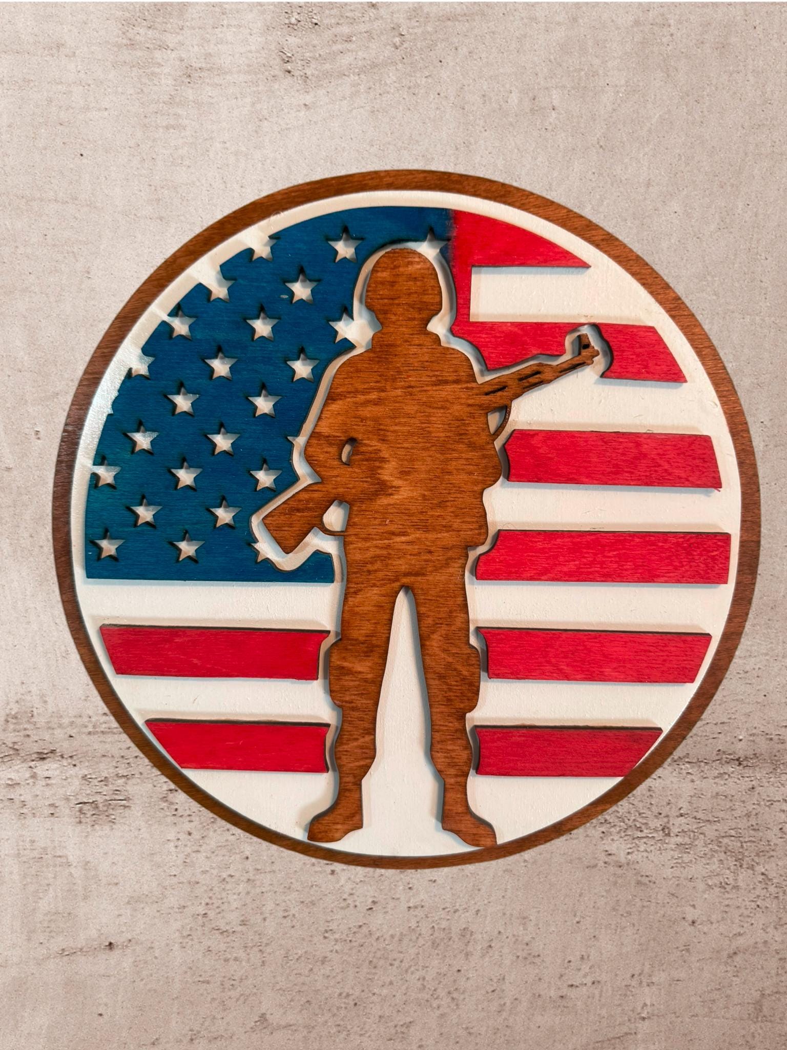 Patriotic Soldier Wooden Sign – 12" Round American Flag Wall Art – Handmade - Thumbnail 2