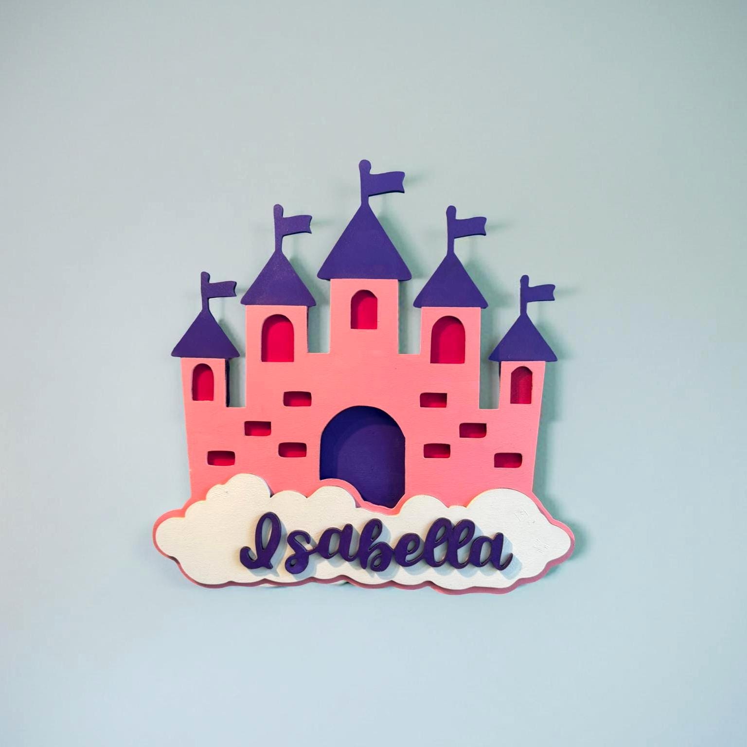 Personalized Princess Castle Sign – Custom Name Wall Decor for Girls Room or Nursery – Pink Layered Wood Castle with Cloud Cutout - Thumbnail 5