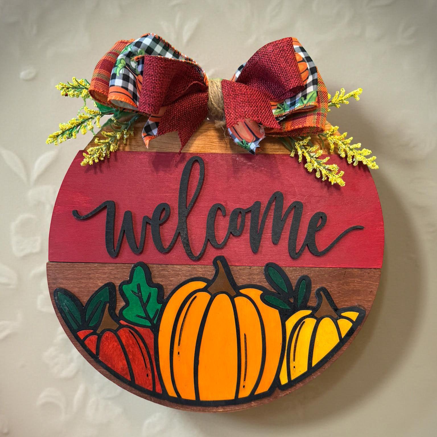 Fall Welcome Sign with Pumpkins – 12" or 14" Round Layered Wood Door Hanger – Rustic Farmhouse Autumn Porch or Wall Decor with Bow - Thumbnail 7