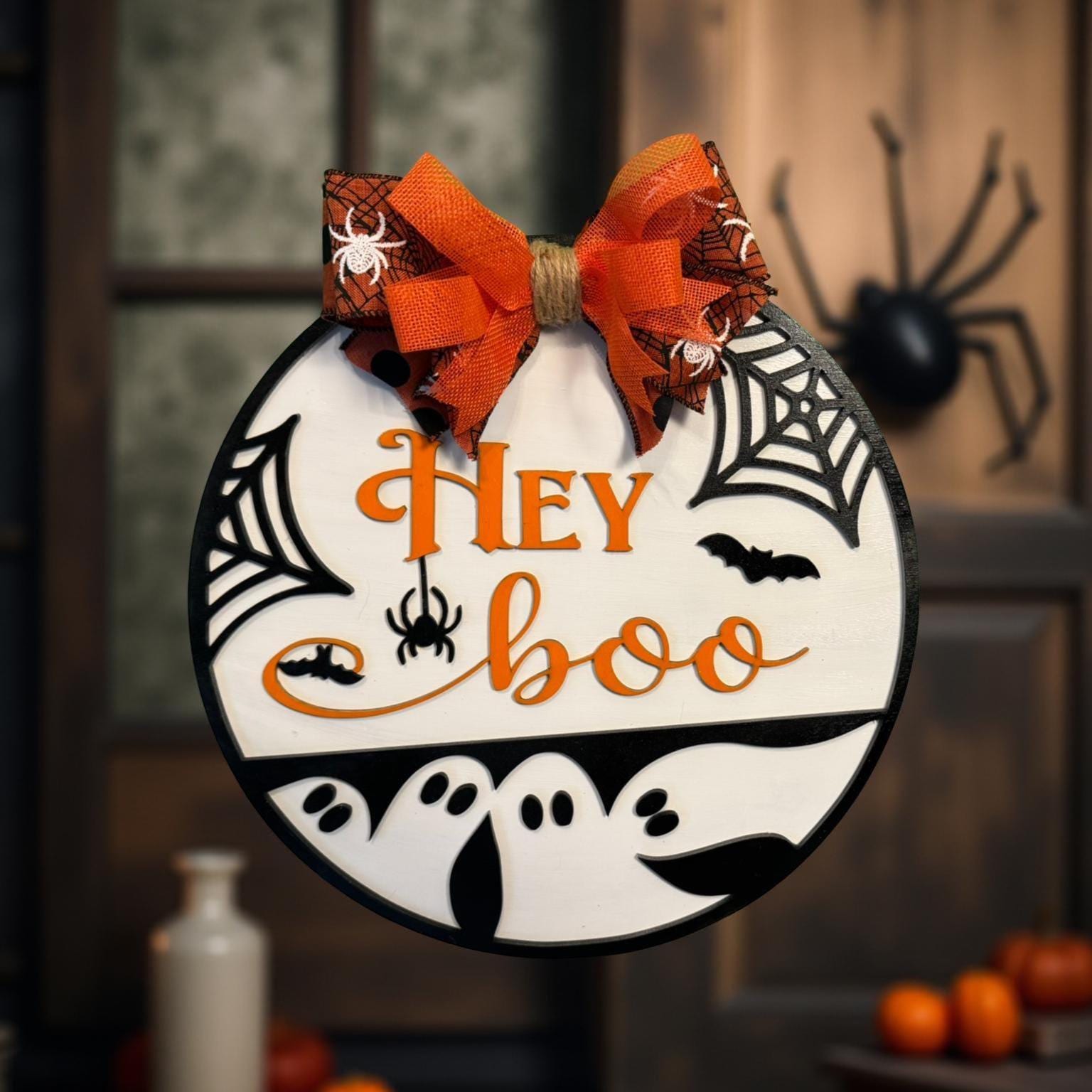 Hey Boo Halloween Door Sign: Layered Ghost & Spider Web Decor - Thumbnail 2
