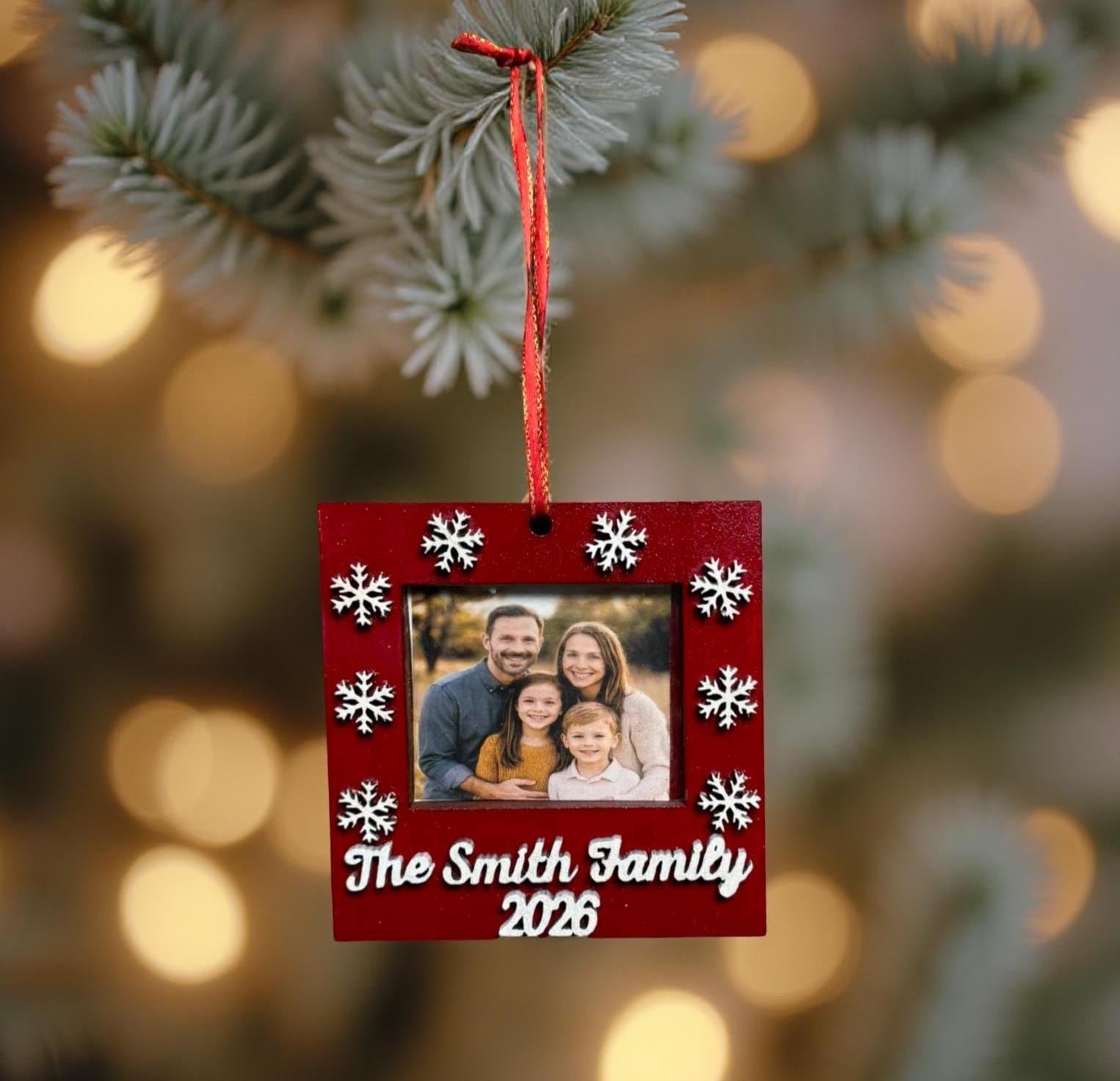 Personalized Family Photo Ornament – 4” Square Christmas Frame with Snowflake Cutouts – Custom Name & Year Keepsake