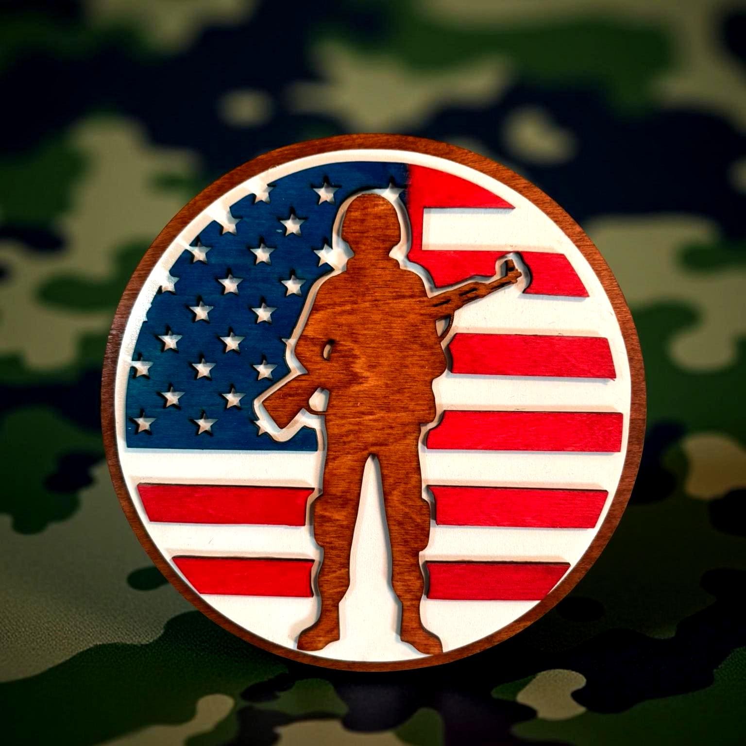 Patriotic Soldier Wooden Sign – 9" or 12" Round American Flag Wall Art – Handmade Veteran Gift – Military Home or Memorial Decor