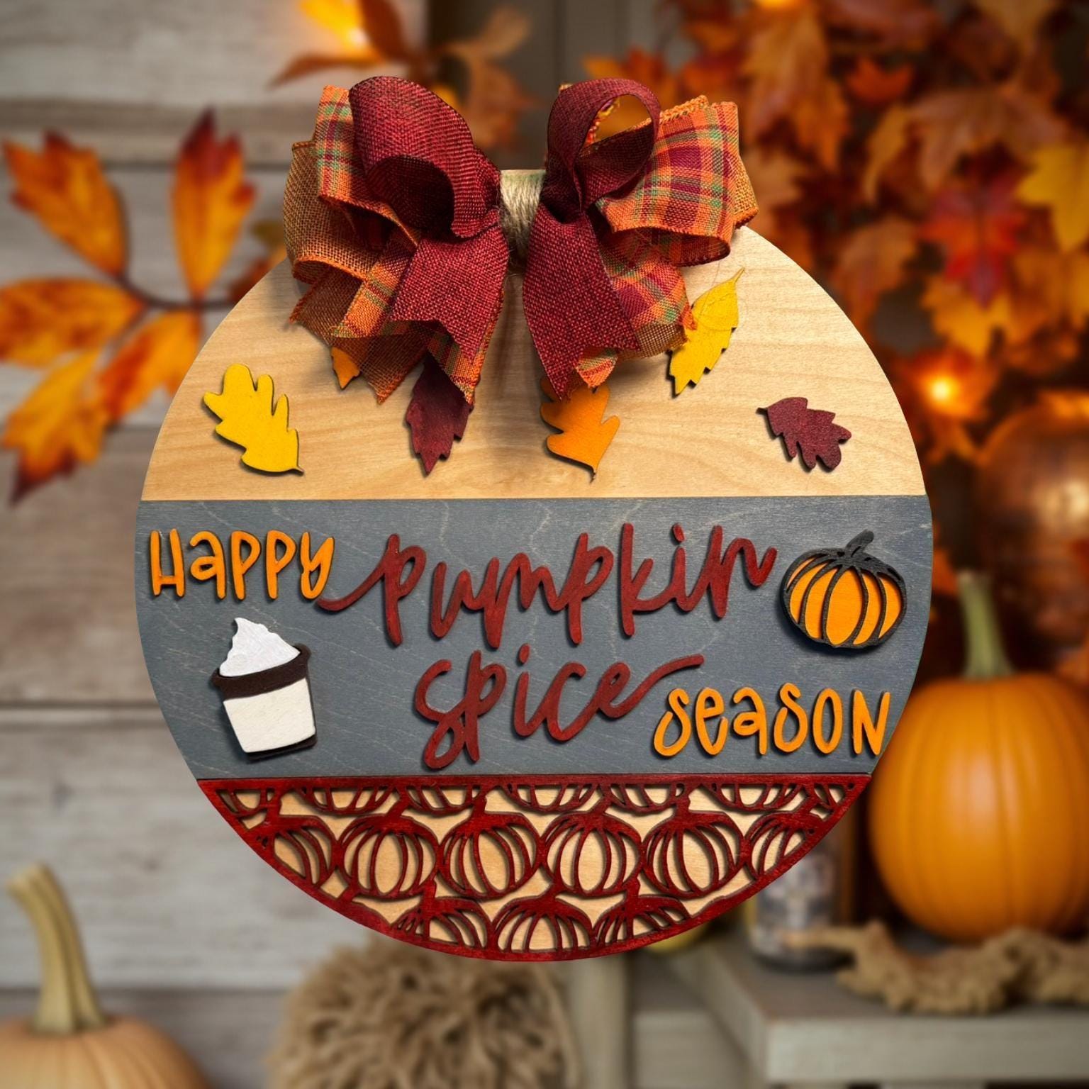 Pumpkin Spice Season Wood Sign: Fall Farmhouse Door Hanger with Plaid Bow - Thumbnail 4