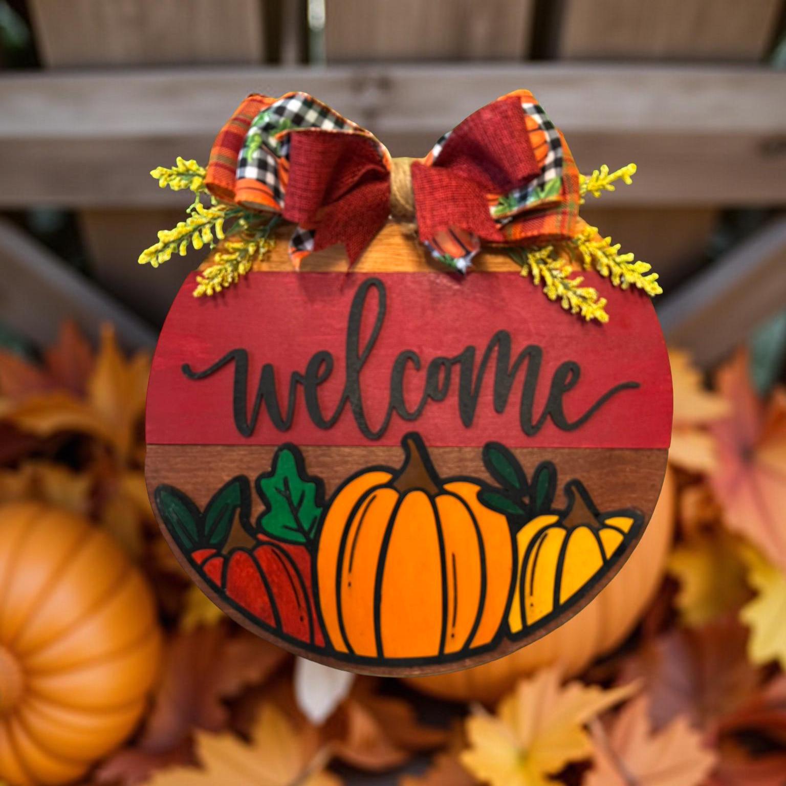 Fall Welcome Sign with Pumpkins – 12" or 14" Round Layered Wood Door Hanger – Rustic Farmhouse Autumn Porch or Wall Decor with Bow - Thumbnail 4