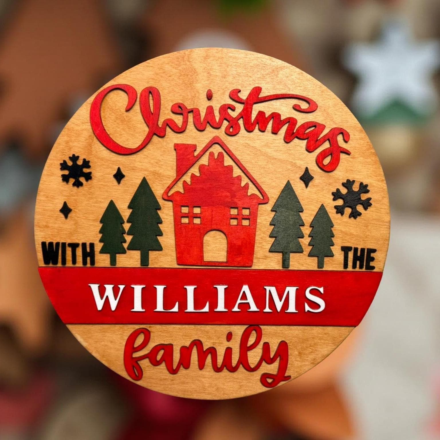 Personalized Christmas Family Sign – 14" Round Layered Wood Wall Decor – Custom Holiday Door Hanger – Rustic Christmas Name Sign - Thumbnail 5