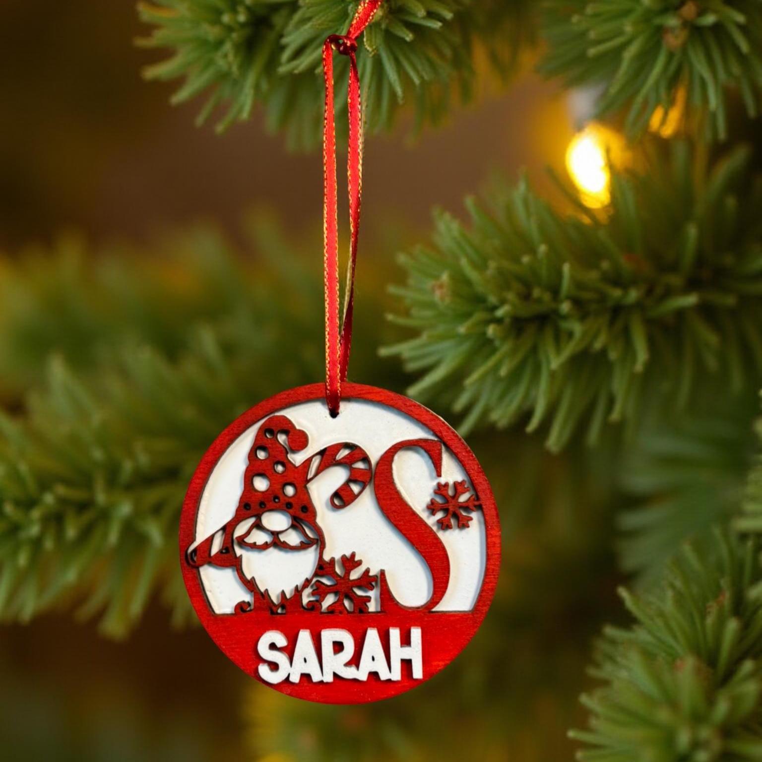 Personalized Christmas Gnome Ornament: Custom Letter, Name, Year, Layered Wood - Thumbnail 7