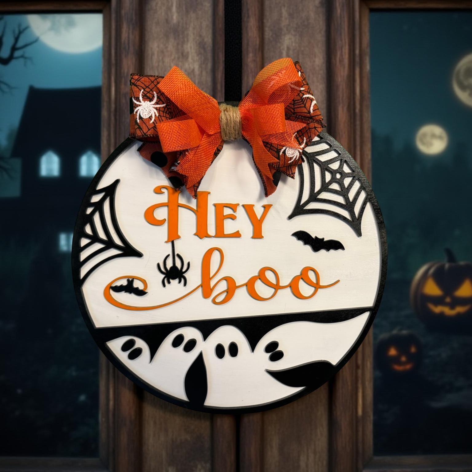 Hey Boo Halloween Door Sign: Layered Ghost & Spider Web Decor - Thumbnail 5
