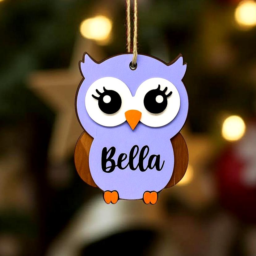 Personalized Owl Ornament – Custom Name Christmas Ornament – 4” Layered Wood Design – Pink, Blue, or Purple Owl Gift for Kids - Thumbnail 3