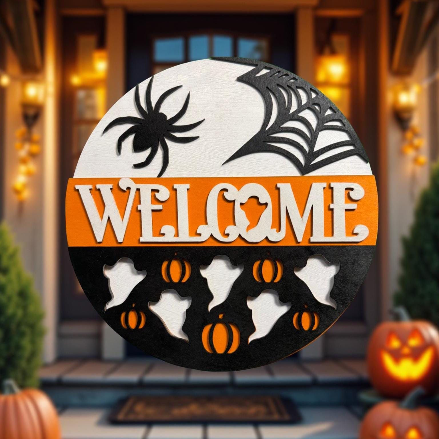 Halloween Welcome Sign: Layered Wood Ghost & Spider Door Hanger - Thumbnail 4