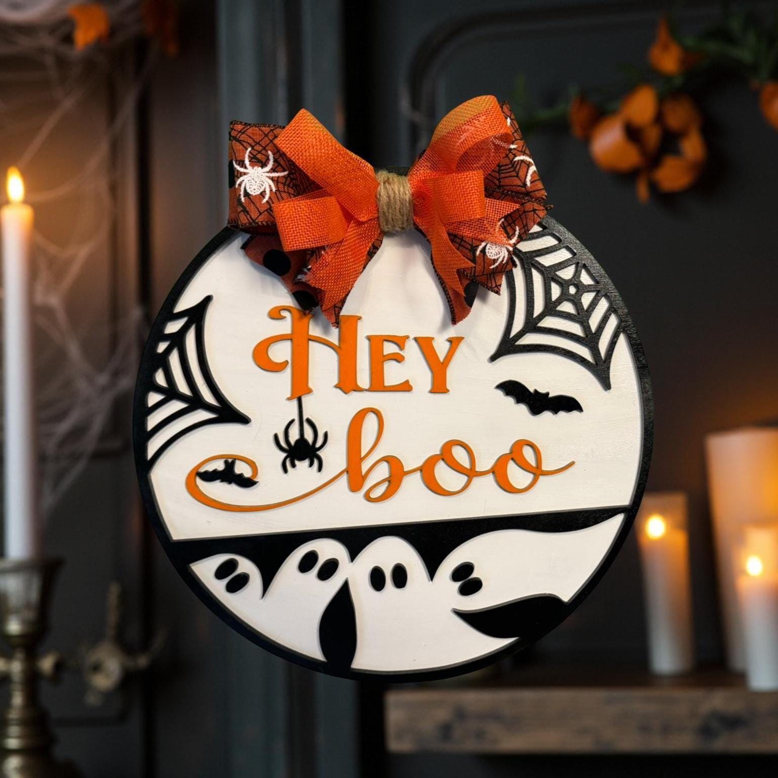 Hey Boo Halloween Door Sign: Layered Ghost & Spider Web Decor - Thumbnail 4