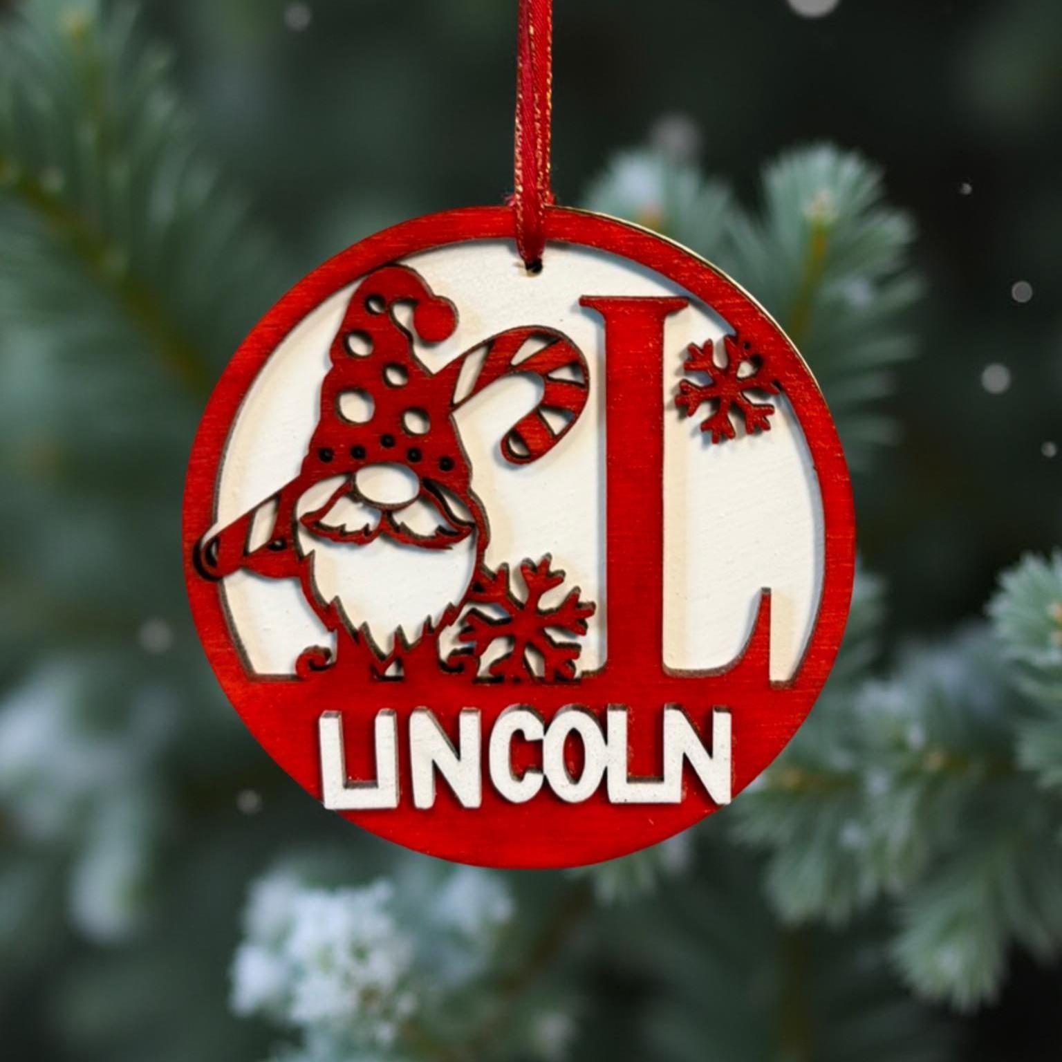 Personalized Christmas Gnome Ornament: Custom Letter, Name, Year, Layered Wood - Thumbnail 6
