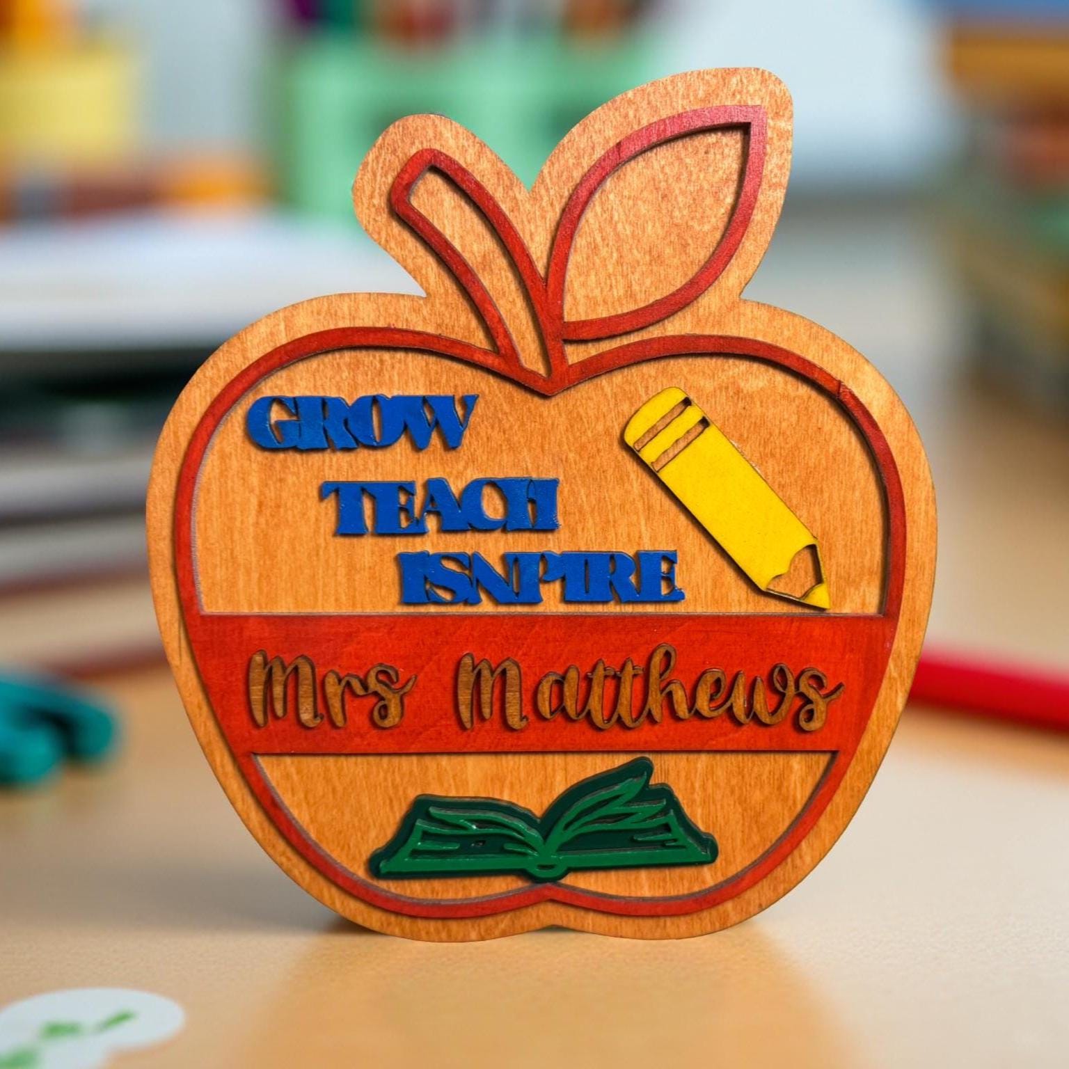 Personalized Teacher Apple Sign: Custom Classroom Decor, Wood Sign - Thumbnail 4