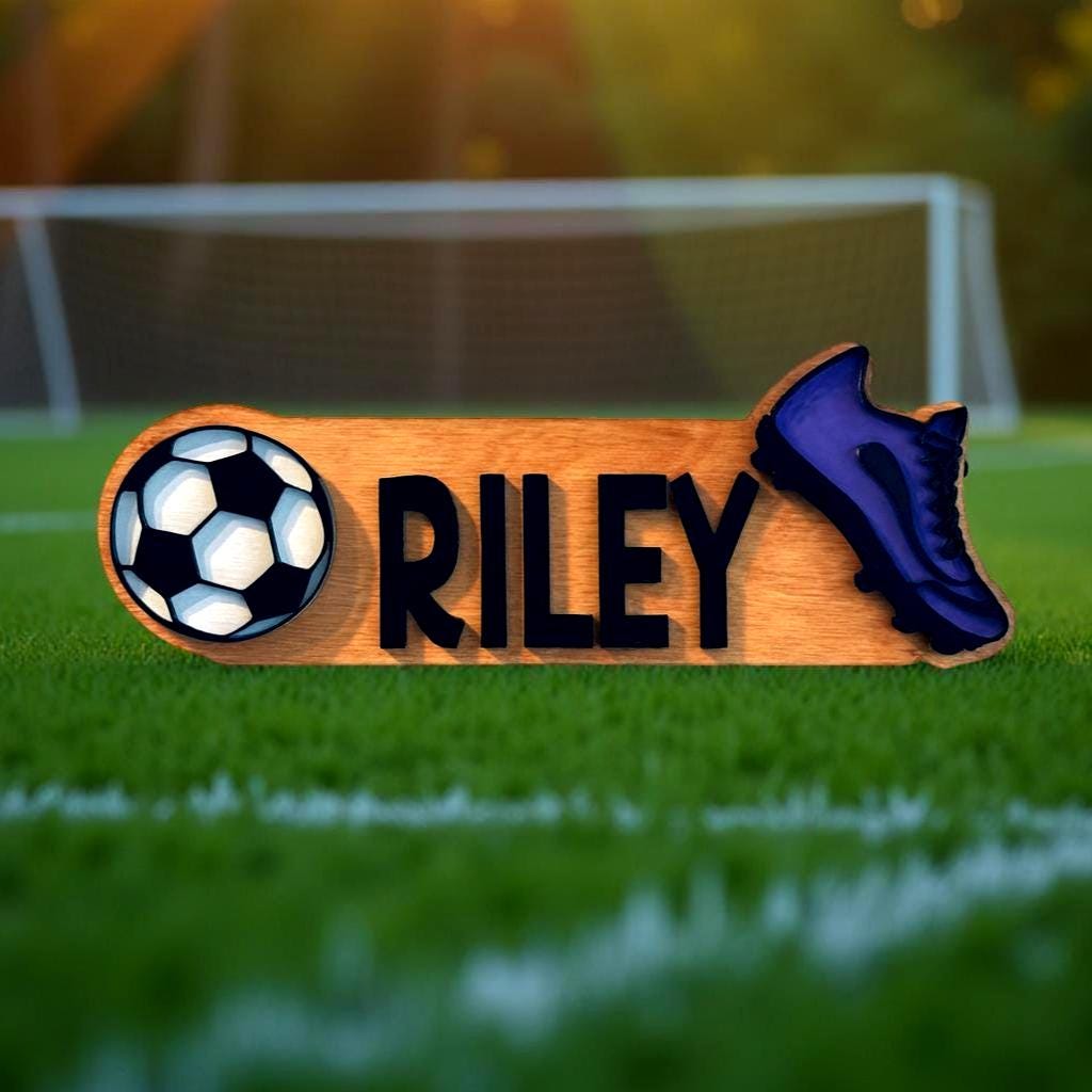 Personalized Soccer Name Sign – Custom Cleat & Ball Cutouts – Layered Wood Sport - Thumbnail 6