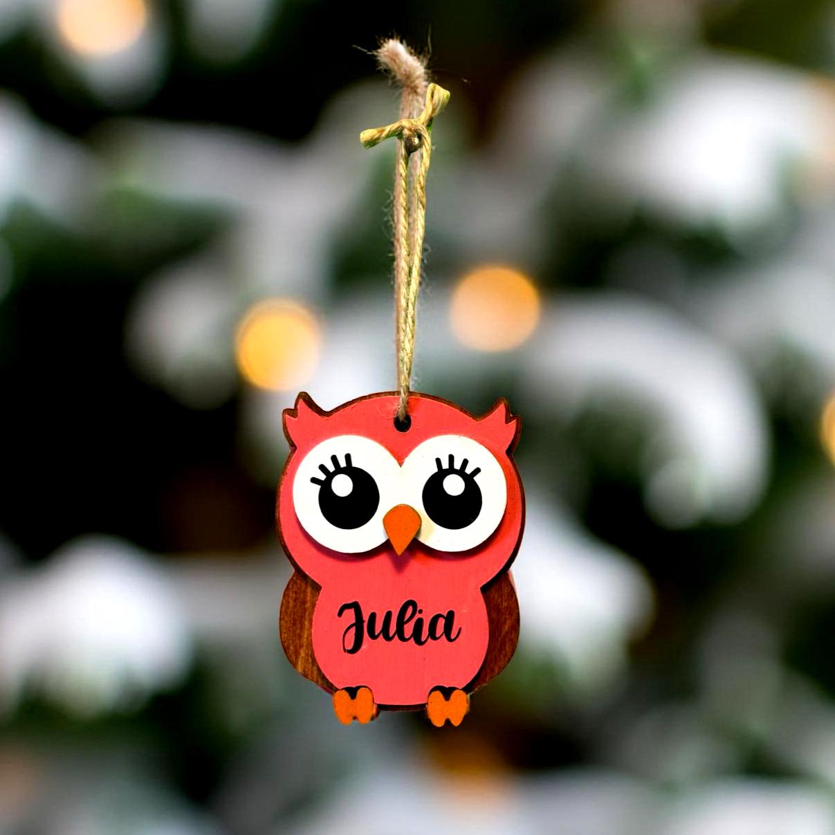 Personalized Owl Ornament – Custom Name Christmas Ornament – 4” Layered Wood Design – Pink, Blue, or Purple Owl Gift for Kids - Thumbnail 2