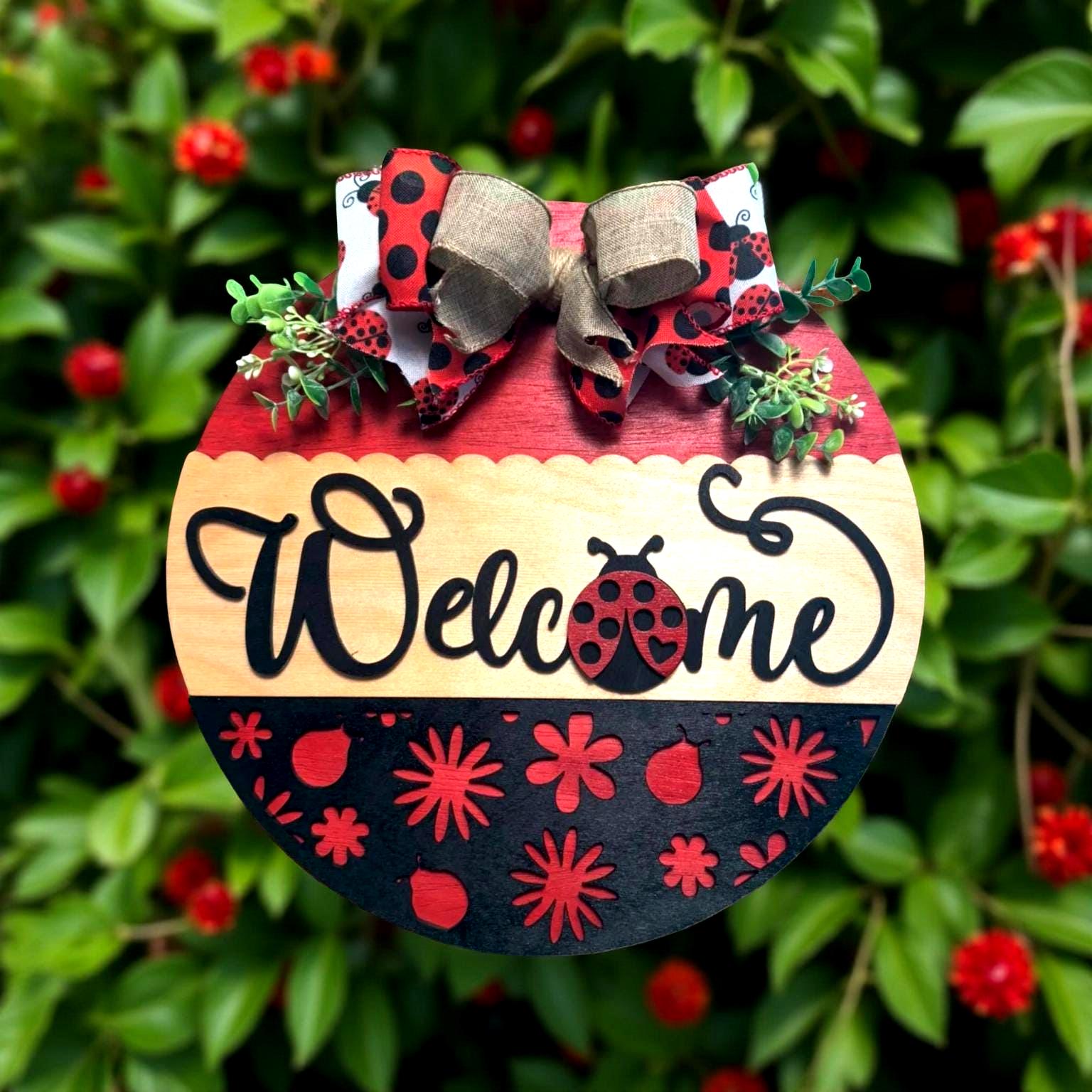 Ladybug Welcome Door Sign – 14" Round Wooden Porch Decor – Spring & Summer Front Door Hanger – Handmade Ladybug Outdoor Sign - Thumbnail 6