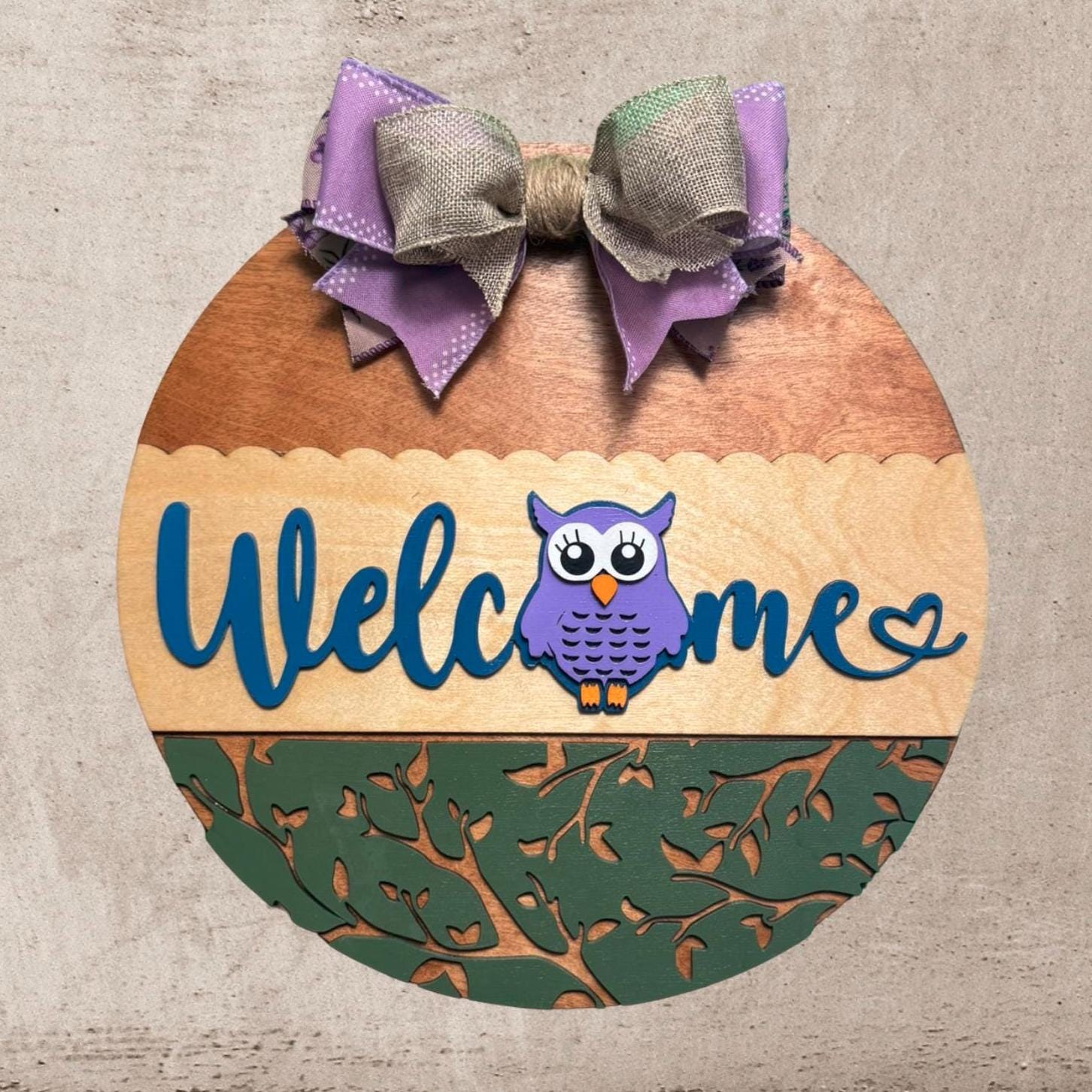 Owl Welcome Door Sign – 14" Handmade Layered Wood Round with Bow – Spring, Summer, or Mother’s Day Front Door Decor – Owl Lover Gift Idea - Thumbnail 3