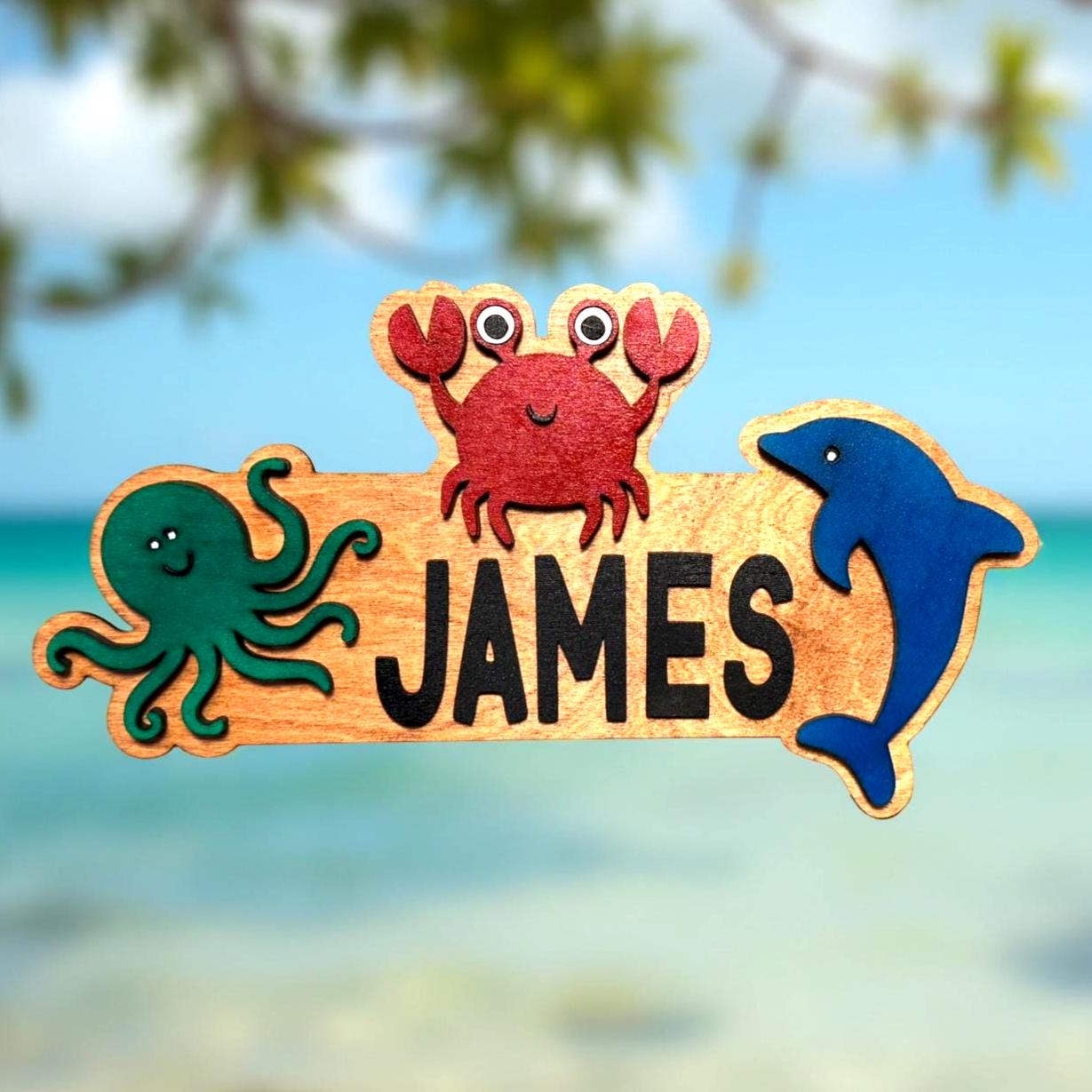 Ocean Animal Name Sign – Personalized Kids Wall Decor – Octopus, Crab & Dolphin  - Thumbnail 4