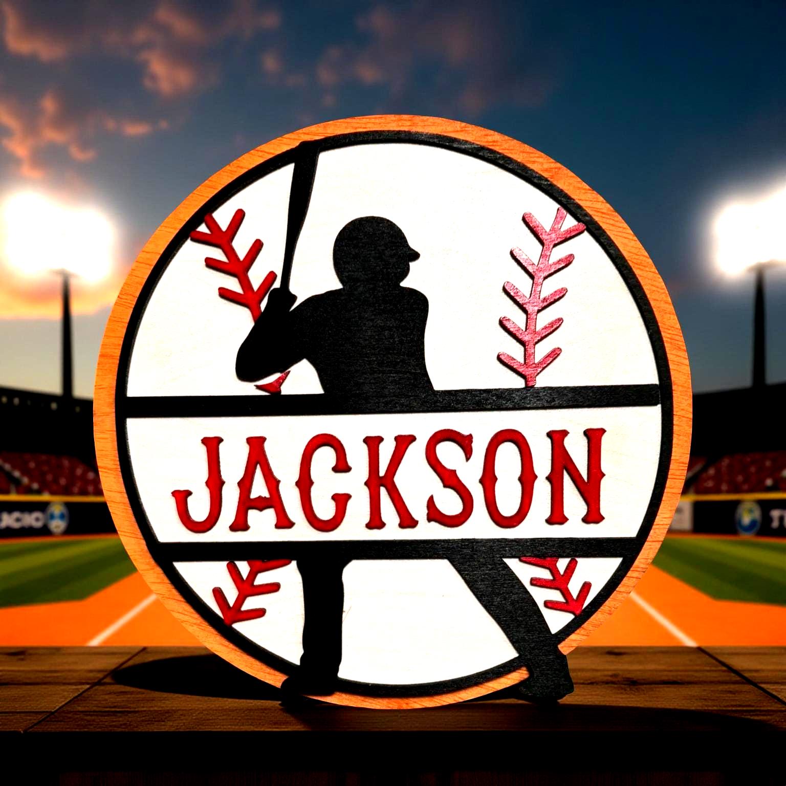 Personalized Baseball Name Sign – Custom Layered Wood Decor – Player Silhouette - Image 1