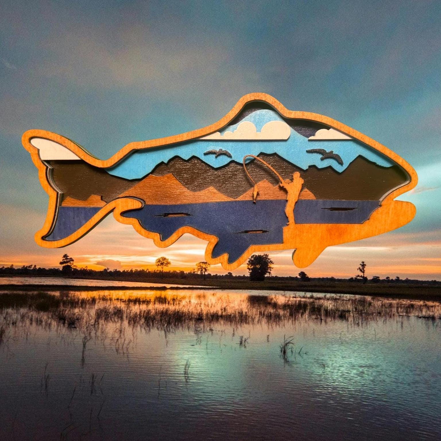 Layered Wood Fish Wall Art: Rustic Cabin Lake House Decor